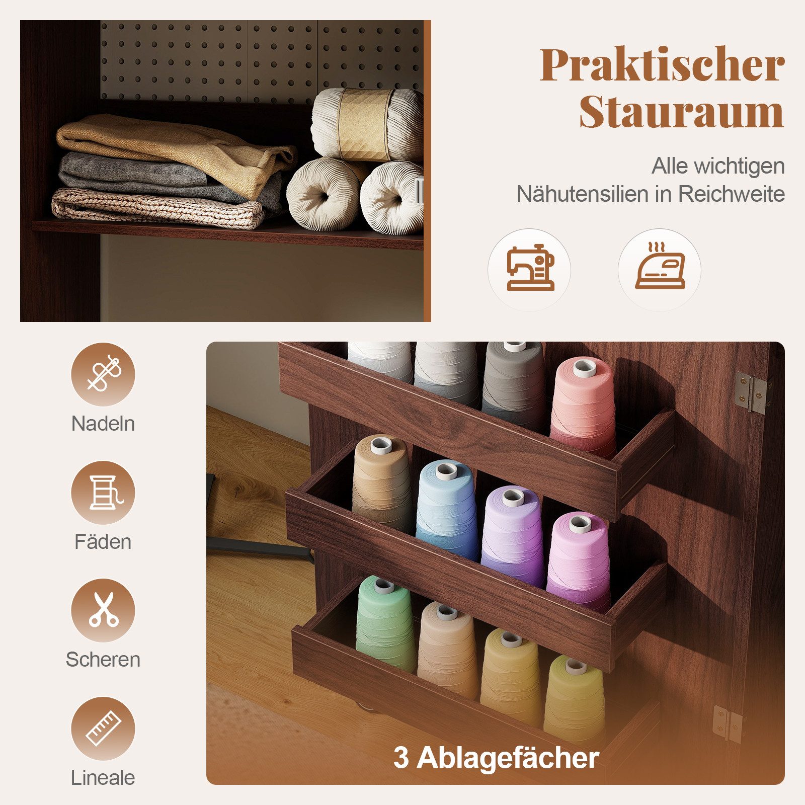 COSTWAY Schreibtisch 2 in 1 Nähtisch klappbar mit Ladestation, Rollen, Nähmaschinenschrank – Bild 4 von 5