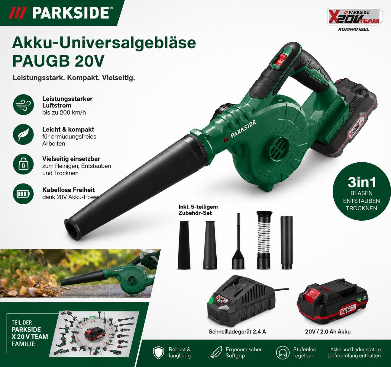 Parkside Akku-Laubbläser 20 VAkku-Universalgebläser PAUGB, Laubbkäser mit Akku 2 Ah /Ladegerät