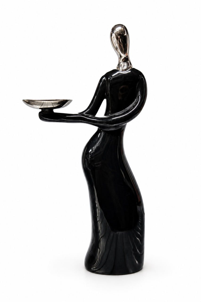 JVmoebel Dekofigur Elegante Figur mit Tablett Schwarz Silber für Wohnzimmer Sofort (Einzelartikel, 1-teilig), Made in Europe