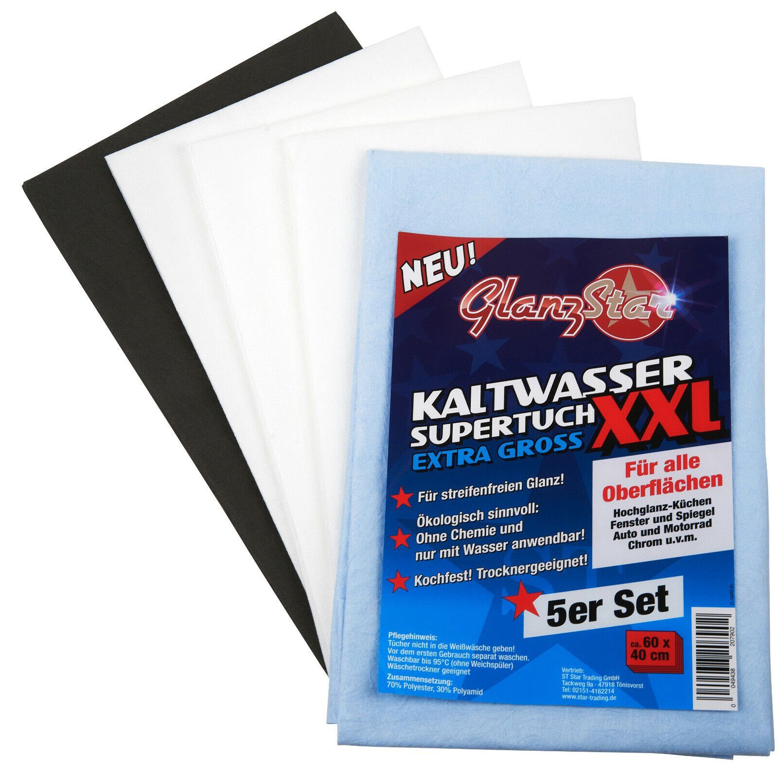 Glanzstar Kaltwasser Supertuch 5er Set XXL-60x40cm- Mikrofasertuch (70% Polyester 30% Polyamid)