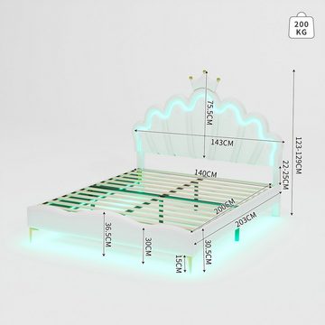 Flieks Polsterbett, LED Kinderbett Doppelbett mit krone-Form Prinzessinnenbett 140x200cm