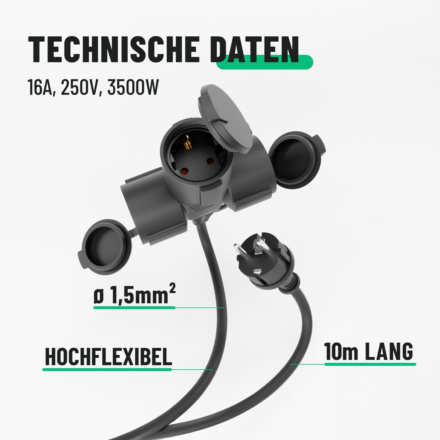 greate. 3fach Verlängerungskabel 10m - wasserdicht, Mehrfachsteckdose, 3500 W Verlängerungskabel, (1000 cm) – Bild 4 von 5