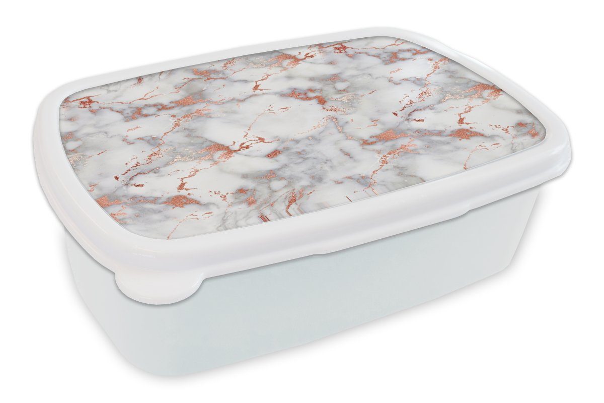 MuchoWow Lunchbox Marmor - Roségold - Luxus, Kunststoff, (2-tlg), Brotbox für Kinder und Erwachsene, Brotdose, für Jungs und Mädchen weiß