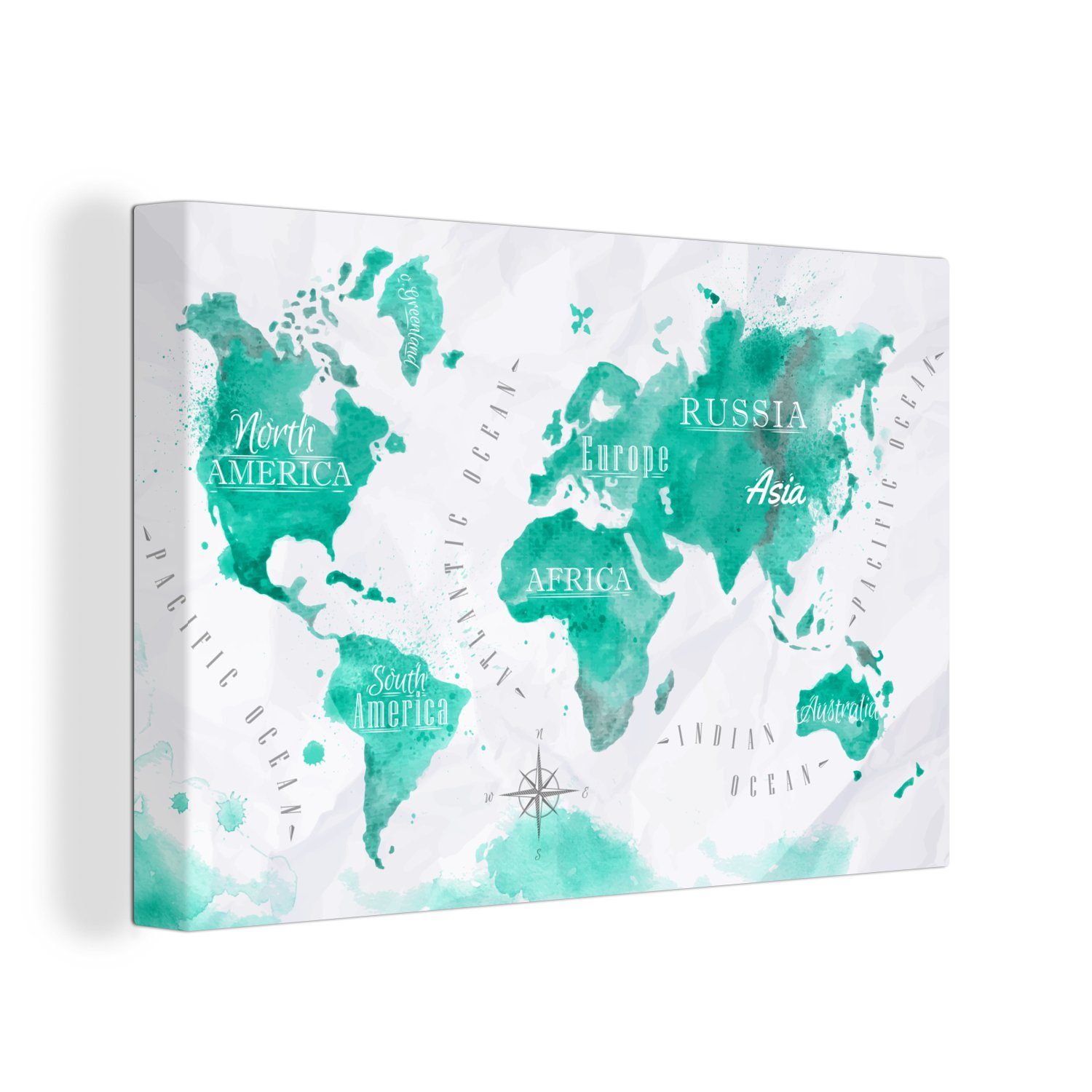 OneMillionCanvasses® Leinwandbild Weltkarte - Malerei - Aquarell, (1 St), Wandbild Leinwandbilder, Aufhängefertig, Wanddeko, 30x20 cm