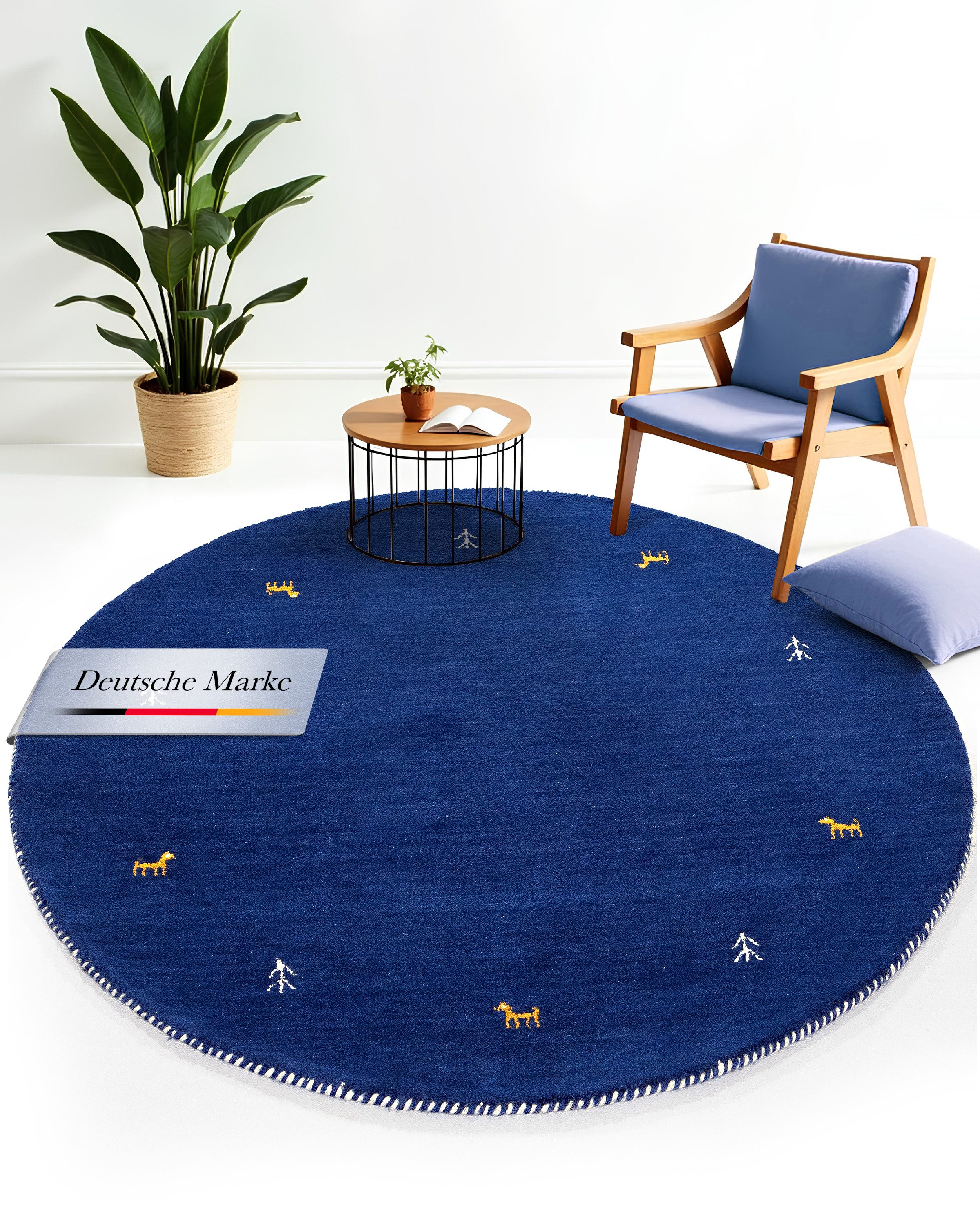carpetfine Wollteppich Gabbeh Uni, rund, Höhe: 15 mm, reine Wolle handgewebt, Gabbeh Tiermotiv warmes Raumklima viele Größen