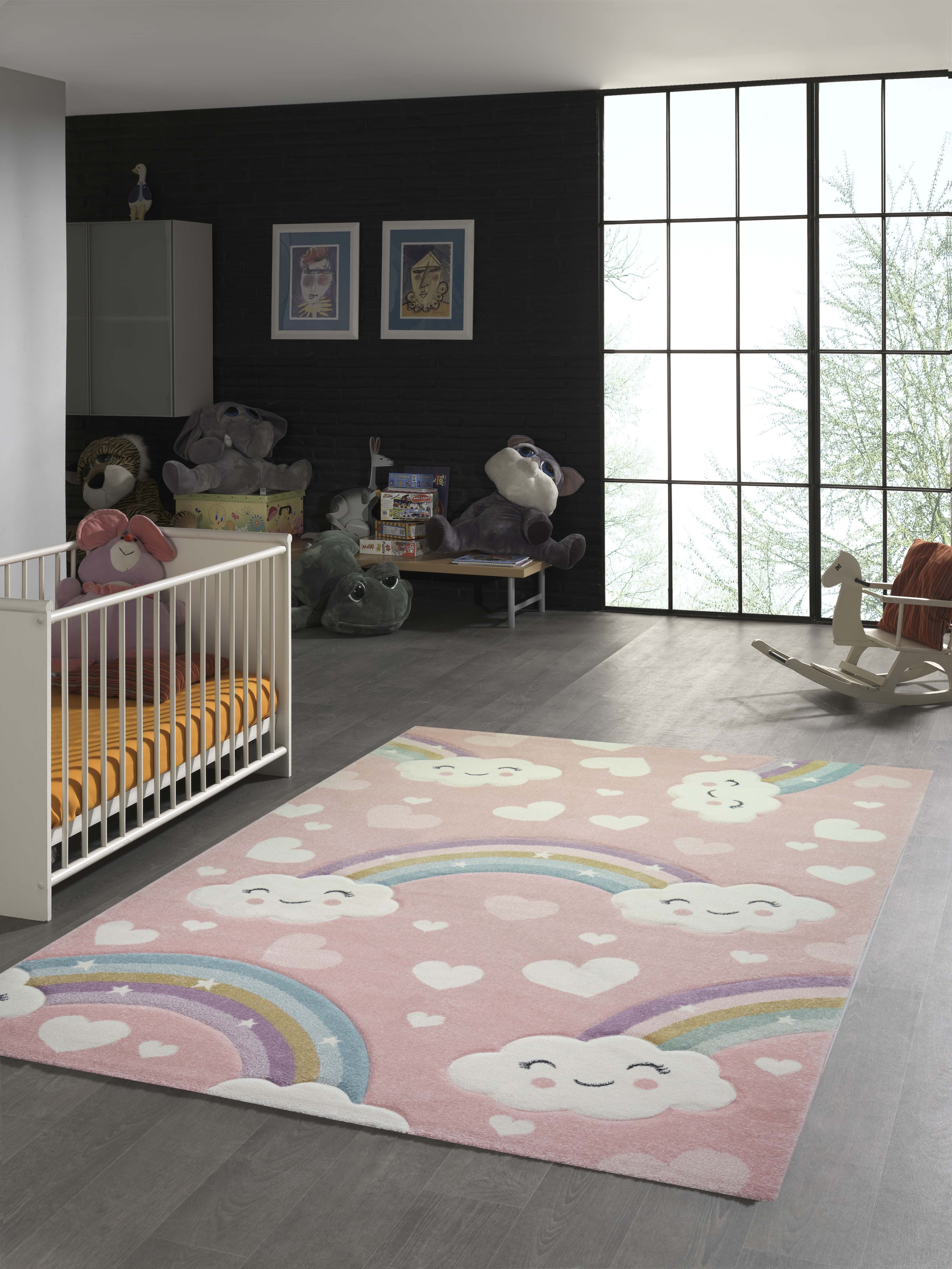 TeppichHome24 Kinderteppich Kinderteppich Regenbogen mit Wolken und Herzen günstig online kaufen