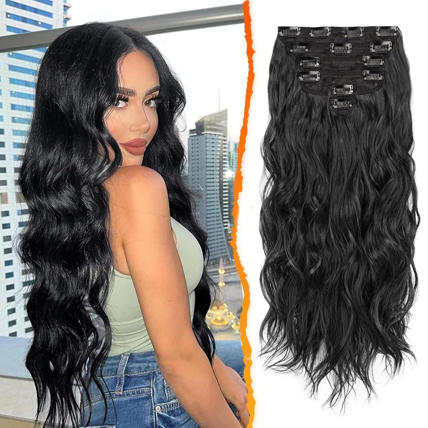 LuxusKollektion Kunsthaar-Extension Clip in Schwarz Haarverlängerung Damen 50CM Lang Wellig Haarextension
