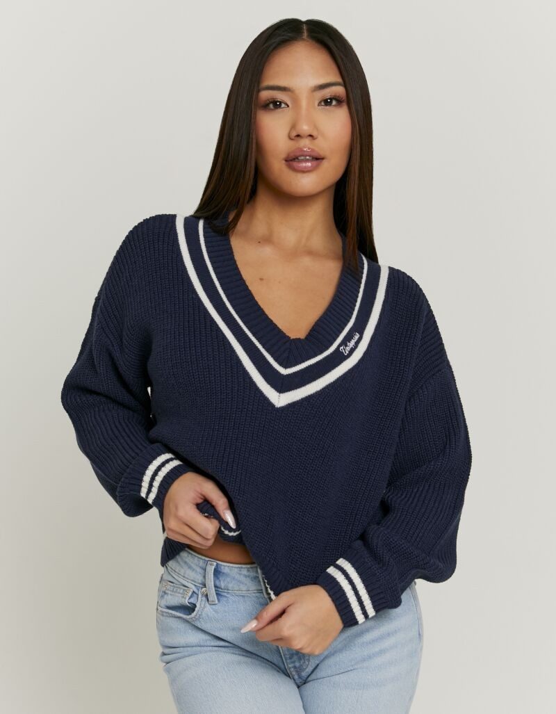 Tally Weijl Strickpullover SPUACKARIBOU Kunstfaser, mit tiefem V-Ausschnitt im College-Stil