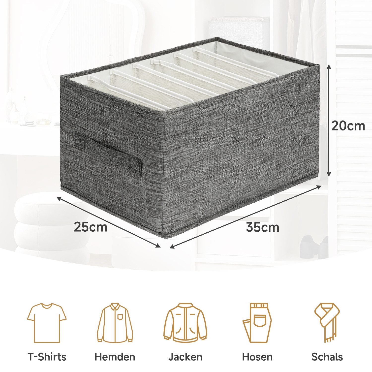 OSTWOLKE Aufbewahrungsbox Schrank Organizer Ordnungssystem Schubladen-Organizer Stapelbar (4 St), 35 x 25 x 20 cm, 7 Fächer, faltbar, Hosen Organizer für Kleide – Bild 3 von 5