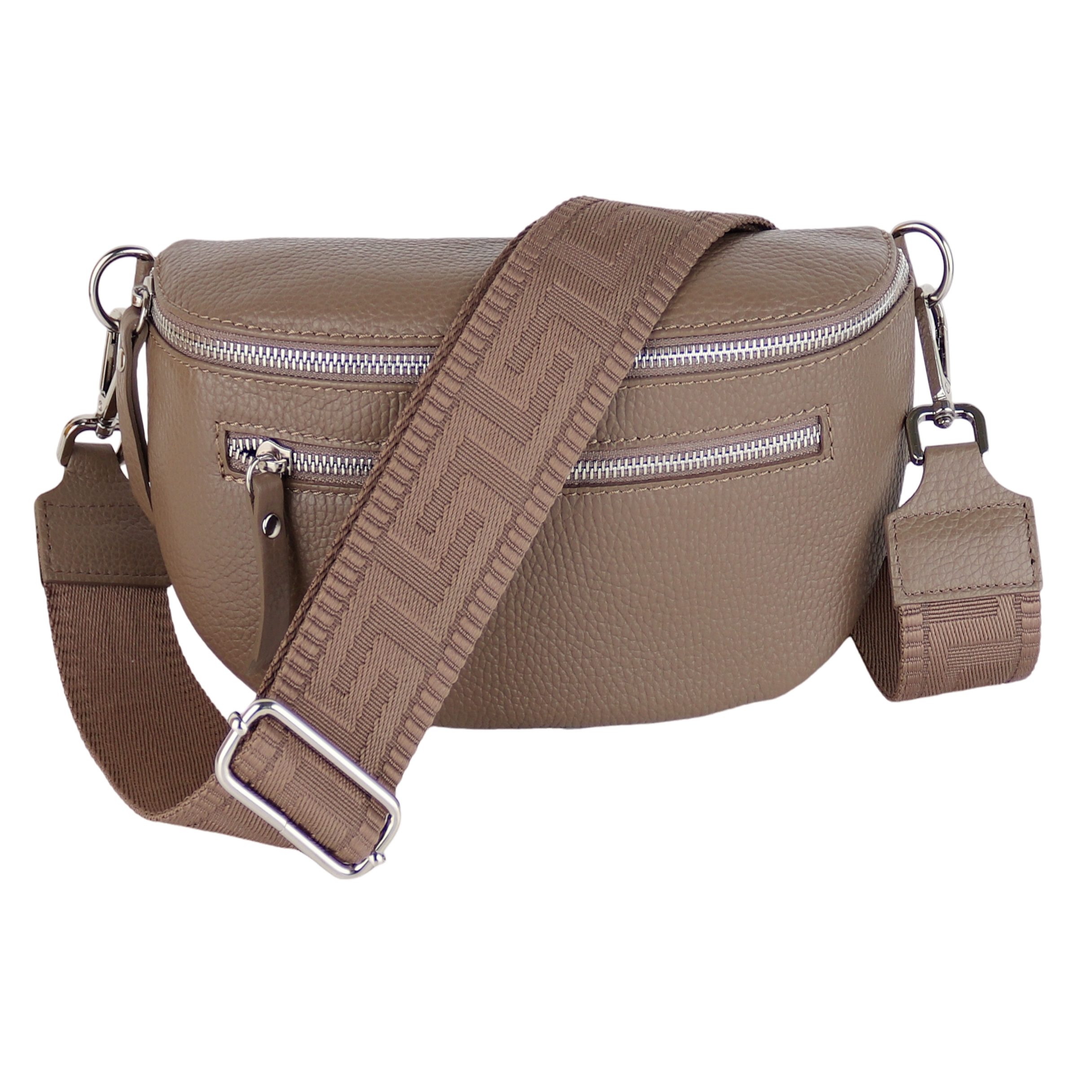 MIRROSI Bauchtasche Damen, Echtleder, Leder, Made in Italy, Umhängetasche, Brusttasche, (Schultertasche für jeden Anlass (1 Tasche & 2 Gurt), Mit zwei Reißverschlüssen, 27x14,5x8cm, BOHO Style), Grau Taupe Crossbody Bag, gemusterten& verstellbaren Schulterriemen