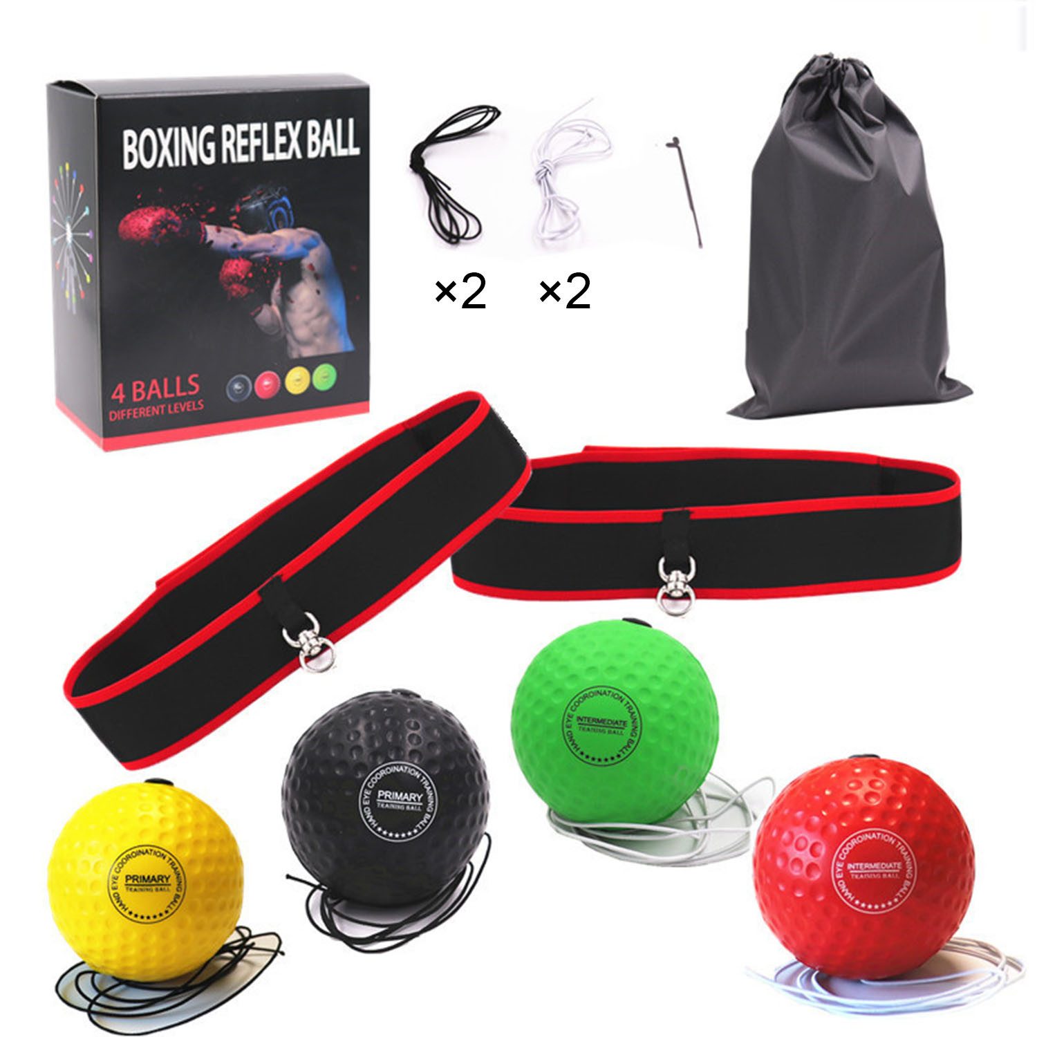 HEYHIPPO Bauchtrainer Reflex-Boxball Set mit 4 Bällen &2 Stirnbändern für Reaktions-Training (Satz, Verstellbarer Box-Reflexball für Erwachsene & Kinder, Kopfbefestigung), Boxing Reflexball, 4 Bälle für Reaktions- & Schnelligkeitstraining