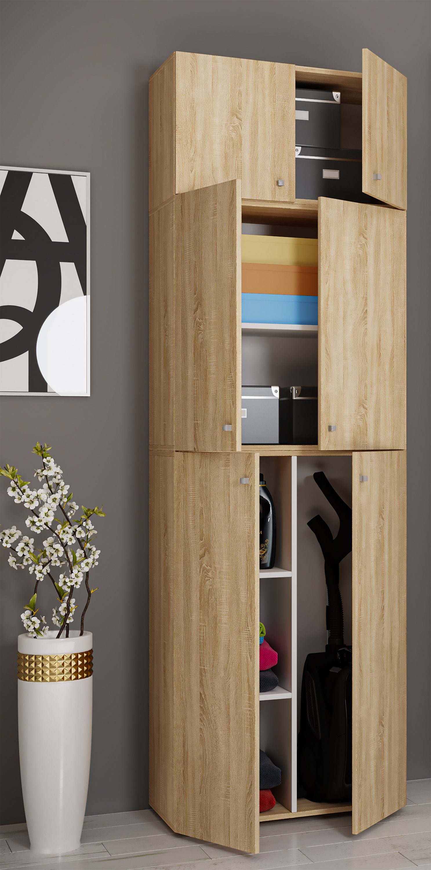 VCM Mehrzweckschrank Haushaltsschrank Lona H. 223 x B. 70 x T. 39 cm Holz Besenschrank, 6 Fächer, Aufsatz mit zwei Türen
