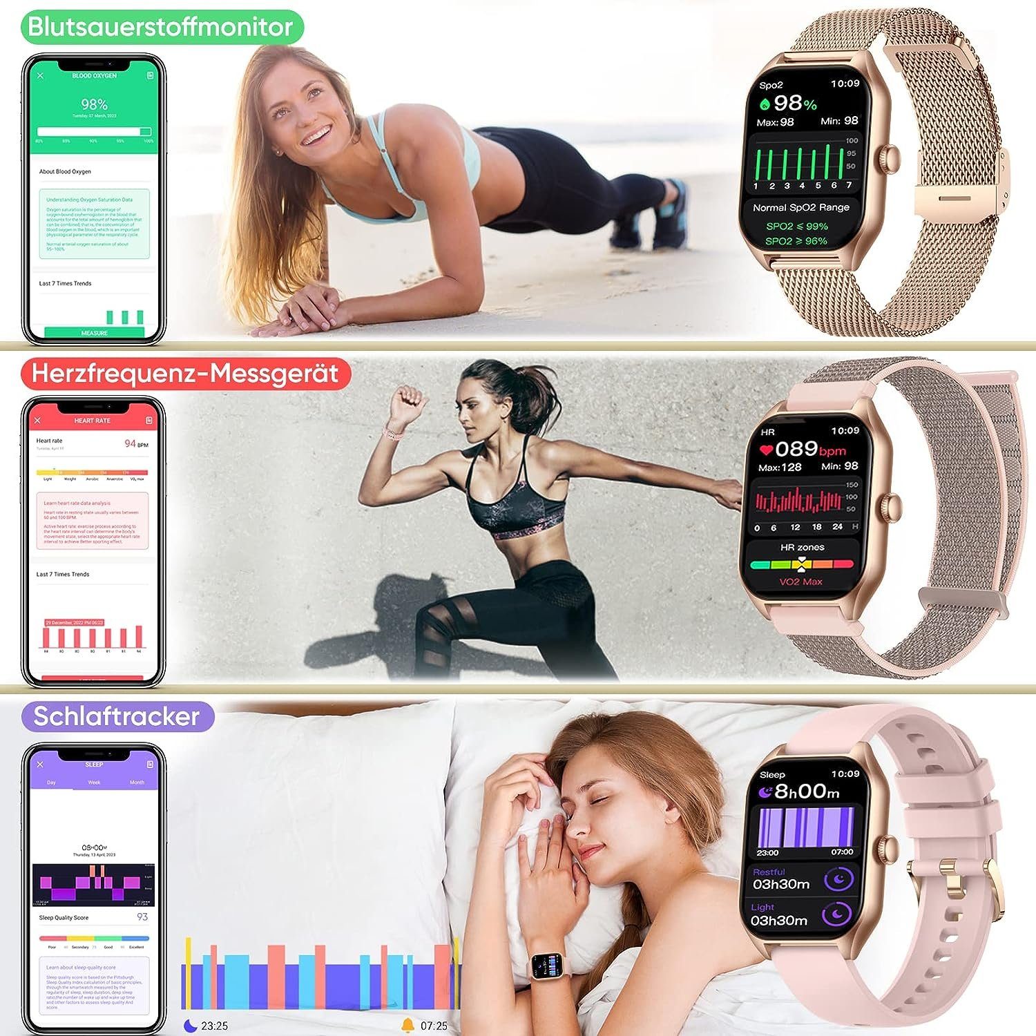 Dachma Smartwatch (1,85 Funktion Damen Telefon Zoll, Android 3 Uhr 280mAH Whatsapp iOS iOS), Android Armbänder