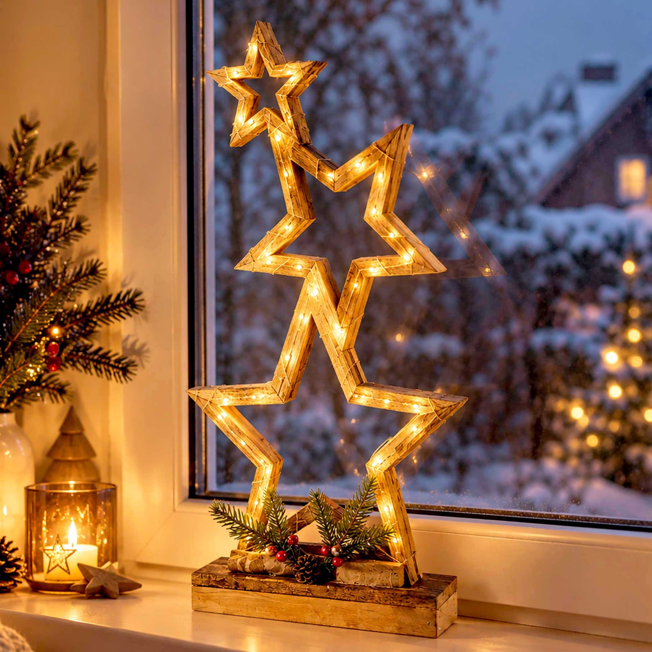 Spetebo LED Dekoobjekt Weihnachts Sterne aus Holz, Timer, 35 LEDs, warm weiß, Deko Stern Aufsteller - 52 x 30 cm
