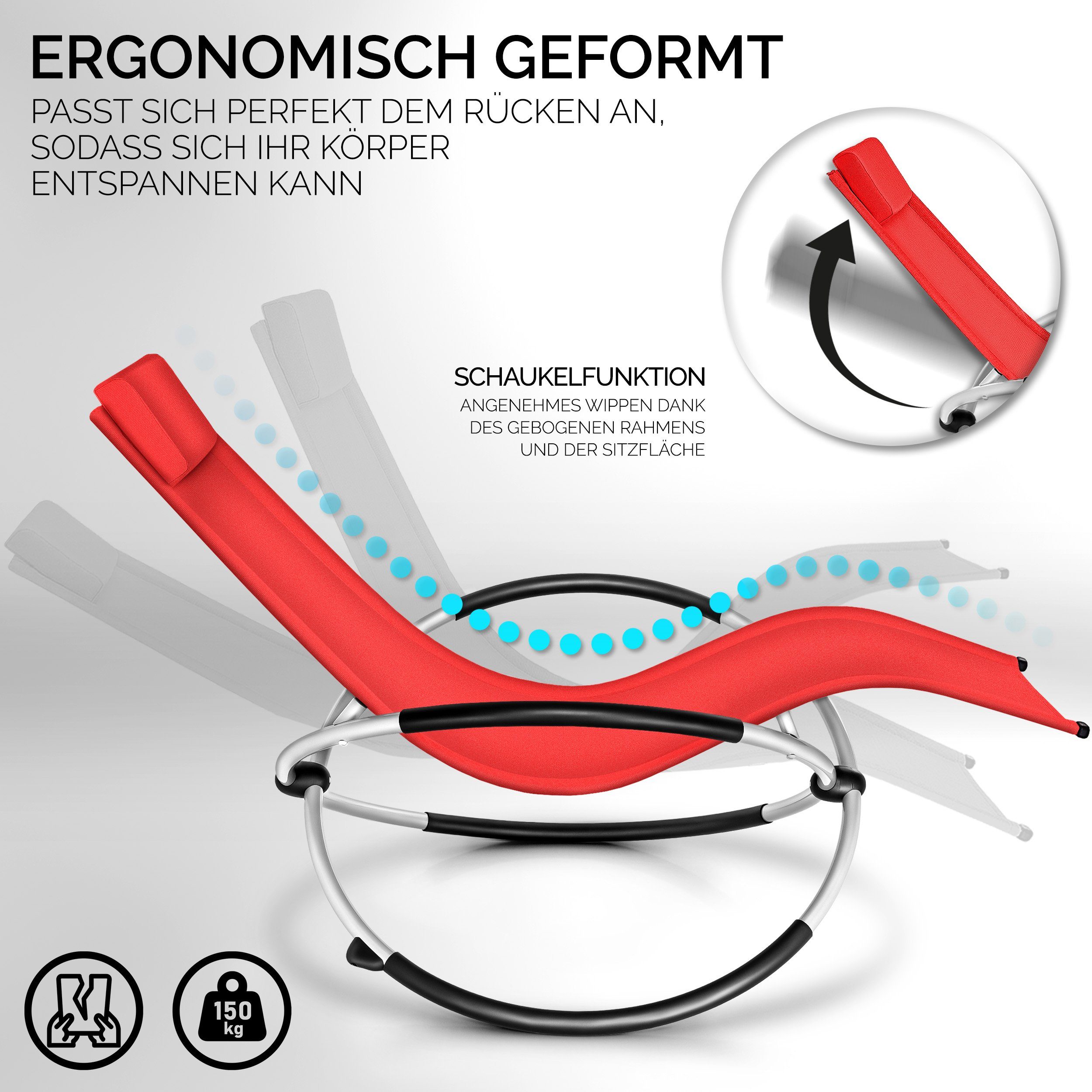 wetterfest Liegestuhl Rot tillvex 180 Gartenliege, Schwungliege Belastung Gartenliege Gartenstuhl Relaxliege kg