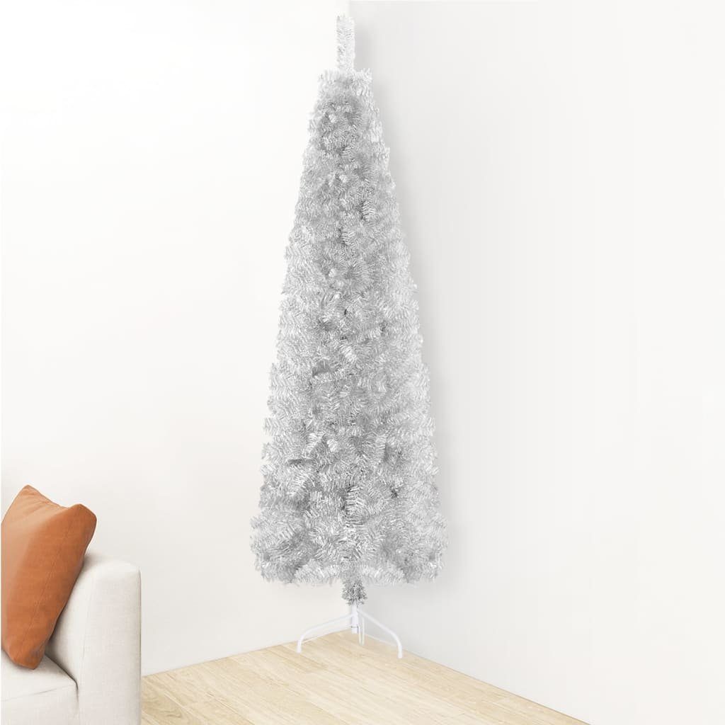 vidaXL Künstlicher Weihnachtsbaum Künstlicher Halb-Weihnachtsbaum Ständer Schlank Silbern 210 cm Wand An