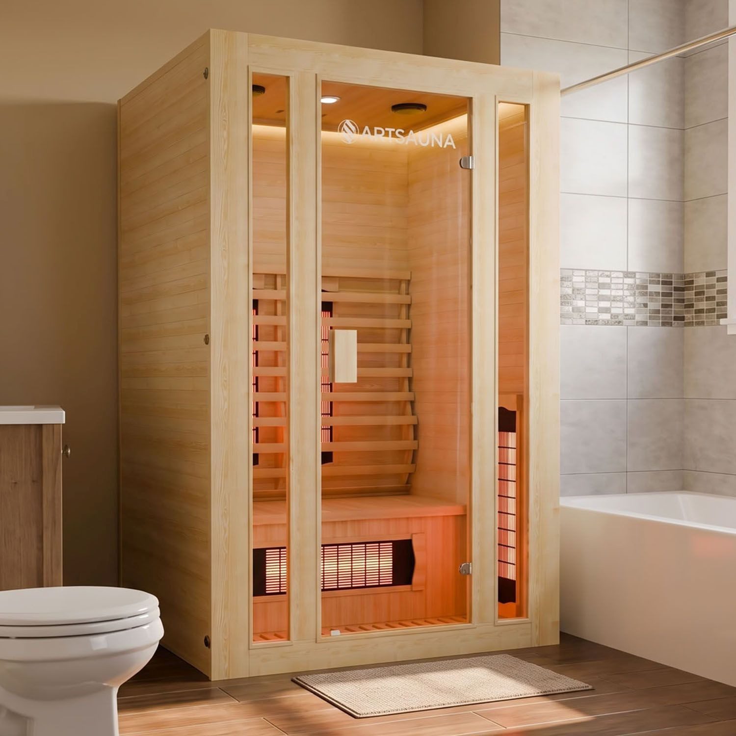 Artsauna Infrarotkabine Nyborg S120V Dual Technologie, für 2 Personen, Hemlock-Holz, HiFi-System, Ionisator, LED-Farblicht