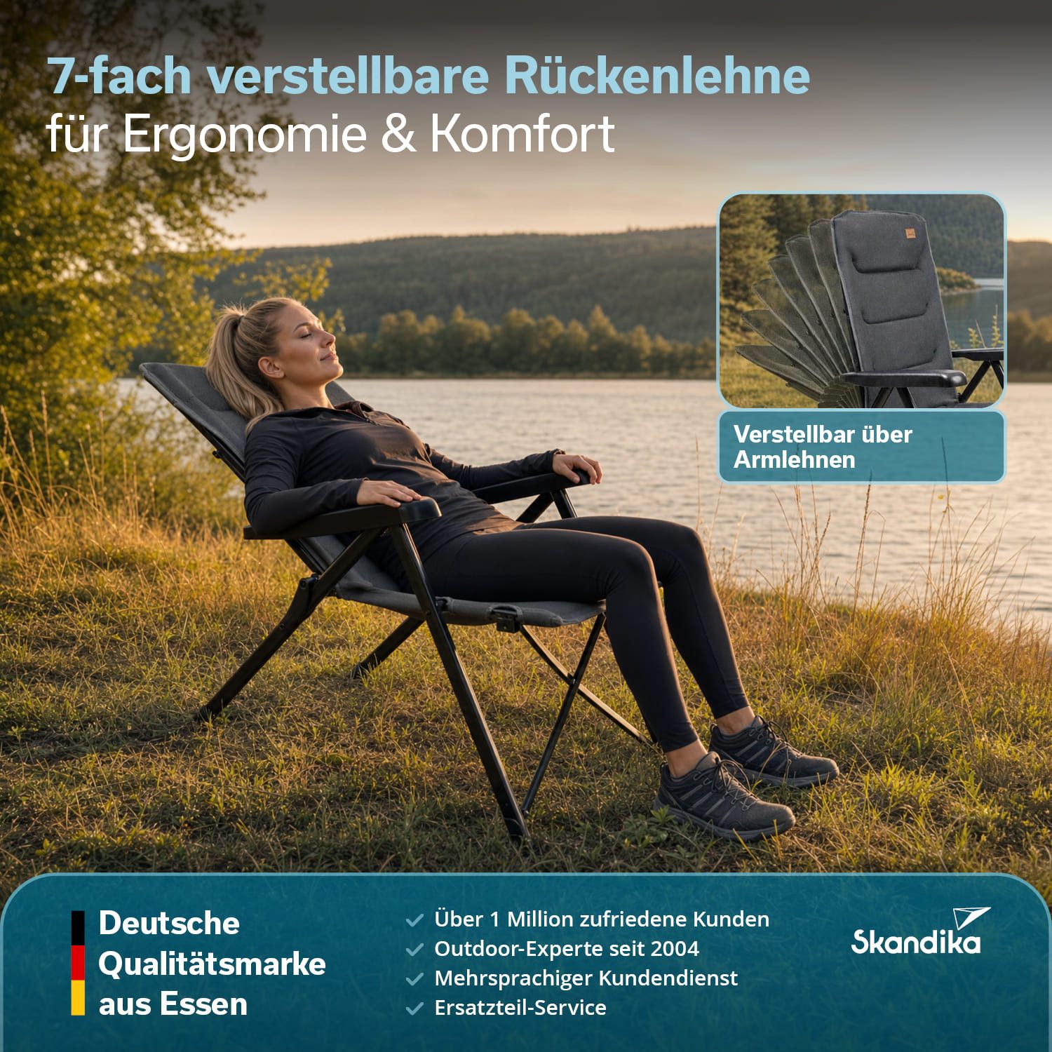 Skandika Campingstuhl Lepola Easy Pack, faltbar, kompakt, kleines Packmaß, Alu-Gartenstuhl (Anti-Rutsch-Füße, komfortable hohe Lehne), 7-fach verstellbare Rückenlehne, Max. Nutzergewicht 150 kg
