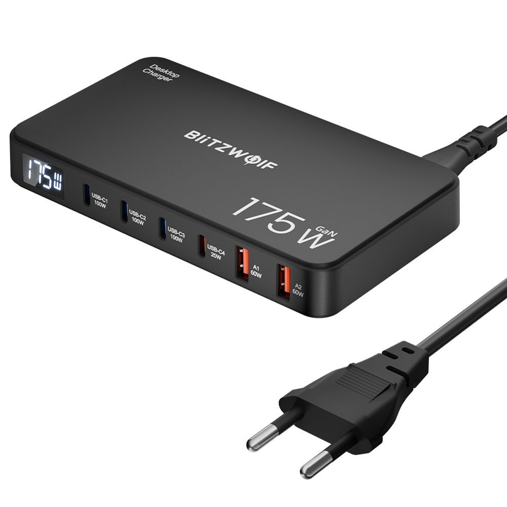 BLiTZWOLF BW-S30 175W 6-Port USB-Ladegerät (5000 mA, 4USB-C+2USB-A QC PD Digitalanzeige, 1-tlg., USB PD Ladegerät, Schnelllade-Desktop-Ladestation)