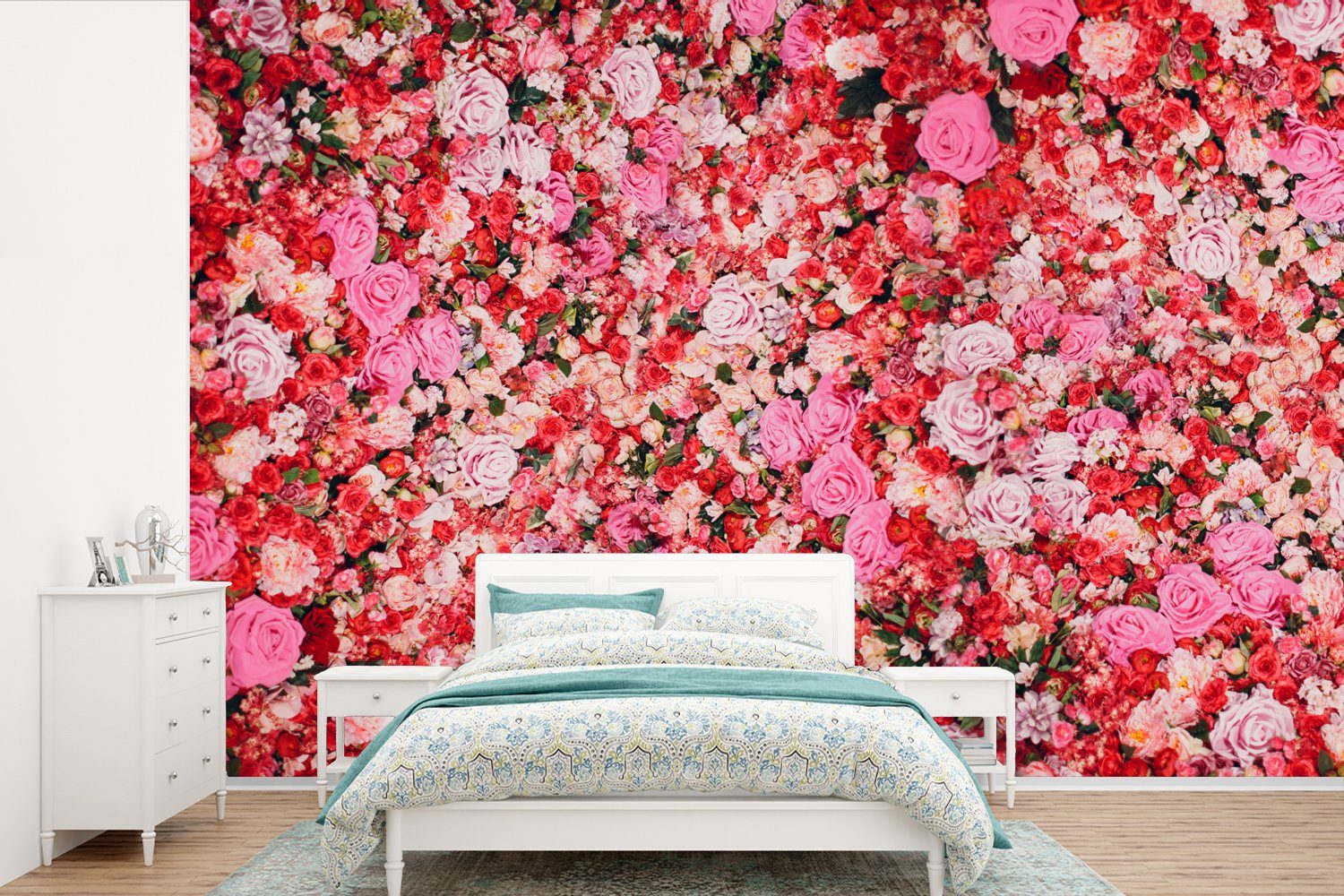 MuchoWow Fototapete Blumen - Farben - Rosen, Matt, bedruckt, (6 St), Wallpaper für Wohnzimmer, Schlafzimmer, Kinderzimmer, Vinyl Tapete