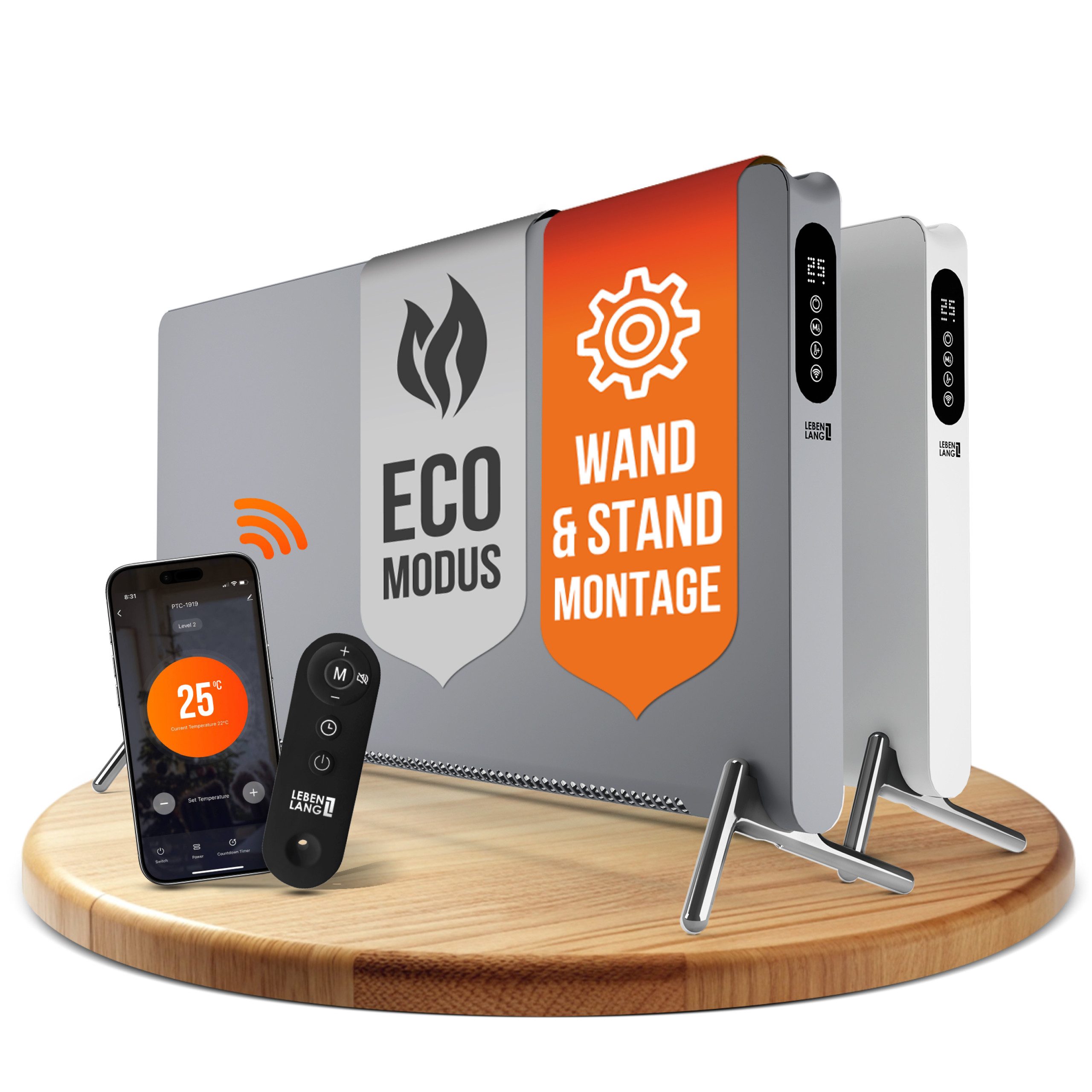Lebenlang Konvektor Elektroheizung - Inkl. Wifi/App & Fernbedienung - Stand- & Wandmontage, Einstellbares Thermostat, Für Räume bis 50m², Smarte App-Steuerung