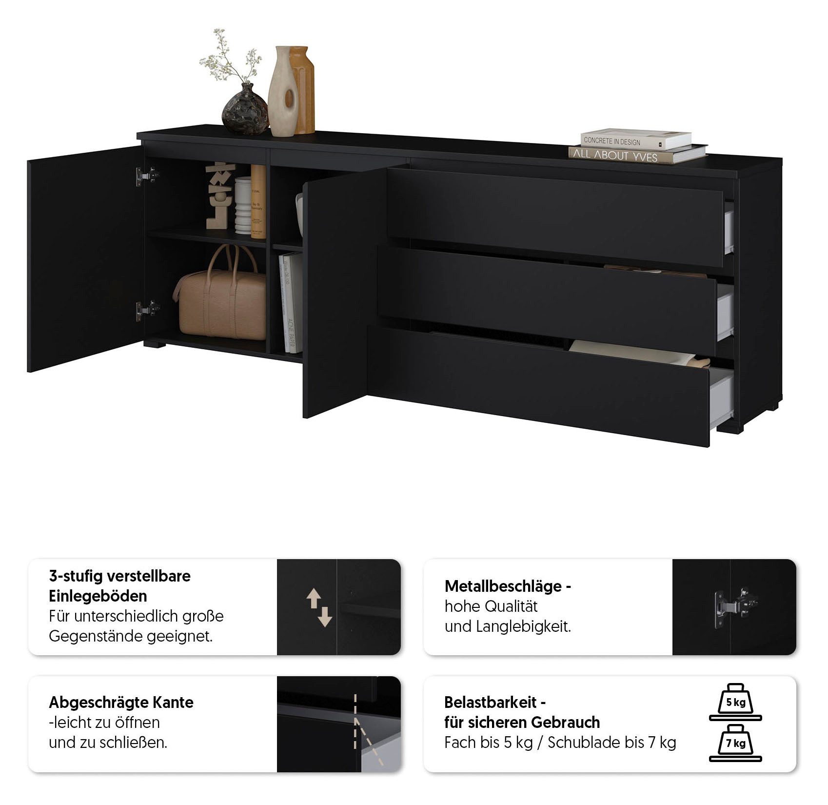 OTTO home Sideboard Modo, Breite 200 cm, moderne grifflose Kommode 2Türen/3 SK, Schubladenkommode mit viel Stauraum, Einlegeböden verstellbar