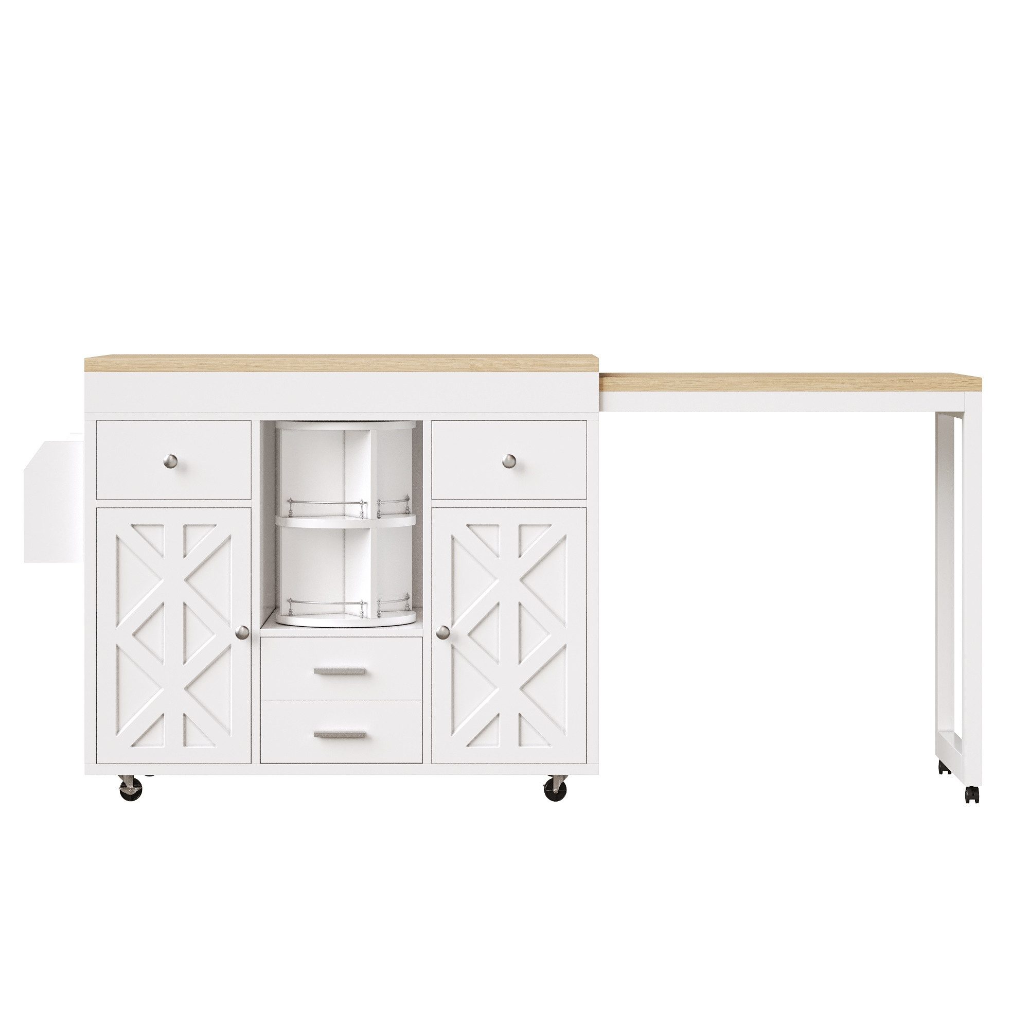 i@home Bartisch Kücheninsel (bewegliche Kücheninsel mit Rollen und Arbeitsplatte, 1-St., mit 4 Schubladen, drehbarer Organizer, 110–180×40×91 cm), Ausziehbarer Bartisch mit Stauraum, Landhaus X-Muster Türen