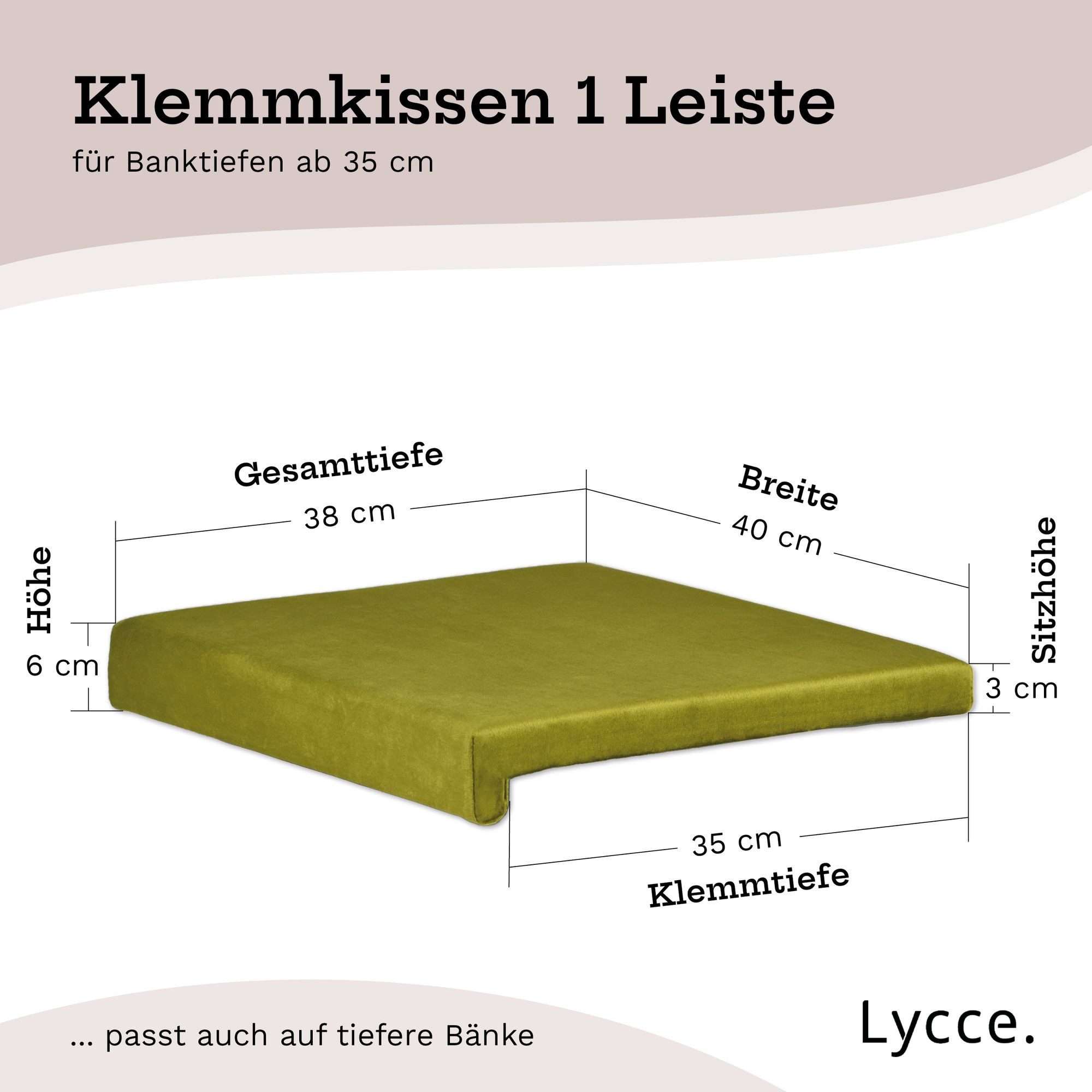 Lycce Bankauflage Klemmkissen, Sitzkissen mit 1 Leiste, 40cm breit - 35cm Klemmtiefe, (1 St), weich gepolstert, verrutscht nicht, edle Optik Samt senf olive
