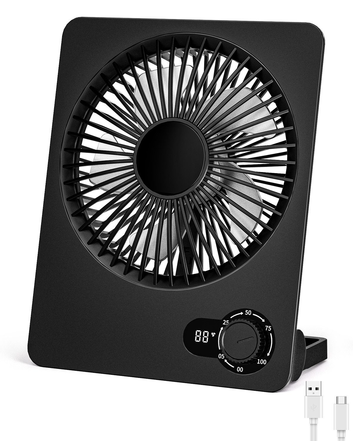 skelo Tischventilator USB Ventilator mit stufenloser Geschwindigkeitsregelung 5–100, 1 cm Durchmesser, LED-Display, 180° verstellbar, faltbar, tragbar, für Büro und Reisen