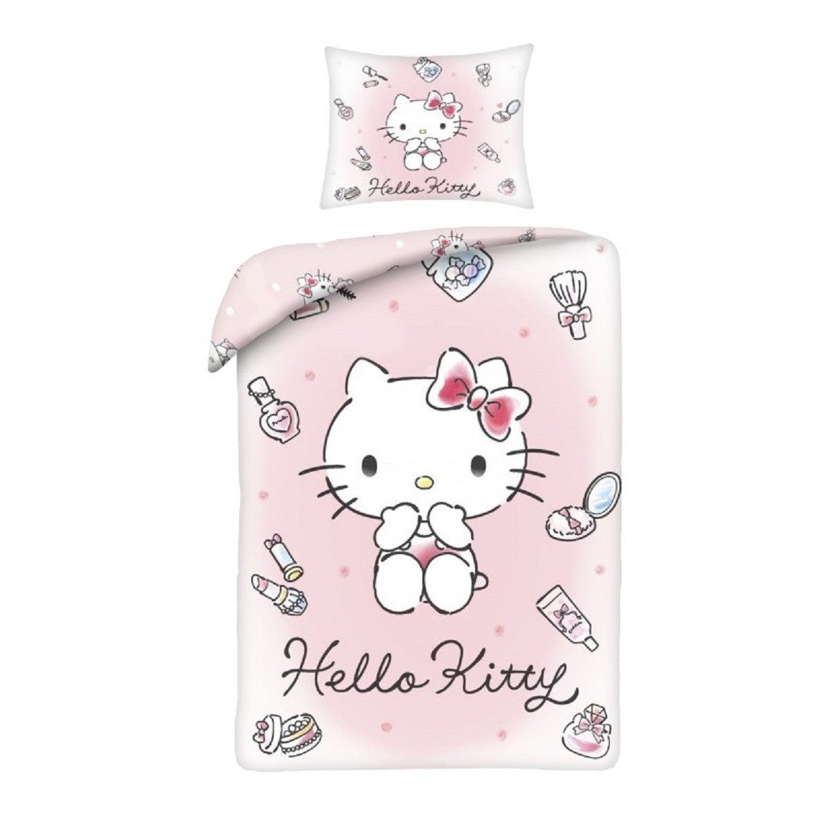 Hello Kitty Bettwäsche Bettdeckenbezug 140 × 200 cm mit 70 × 90 cm Kissenbezug, Beidseitig bedruckt Pflegeleicht Atmungsaktiv