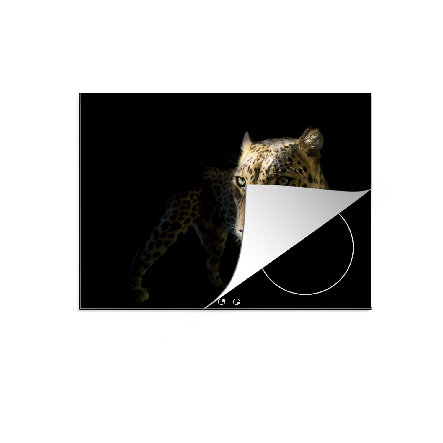 MuchoWow Herdblende-/Abdeckplatte Leopard mit cm, tlg), (1 goldenem Ceranfeldabdeckung nutzbar, schwarzem auf Vinyl, Farbton Hintergrund, Arbeitsfläche Mobile 70x52
