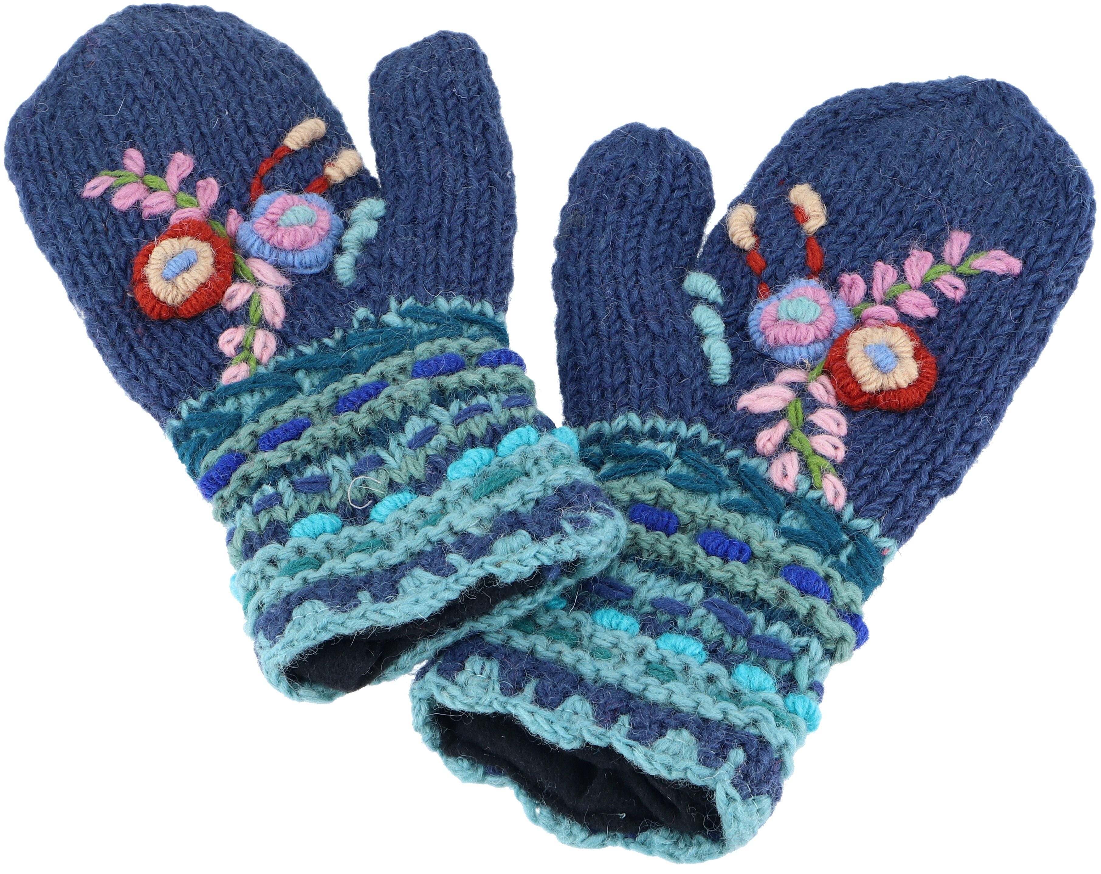 Guru-Shop Strickhandschuhe Wollhandschuhe mit Blümchenstickerei, Boho.. günstig online kaufen