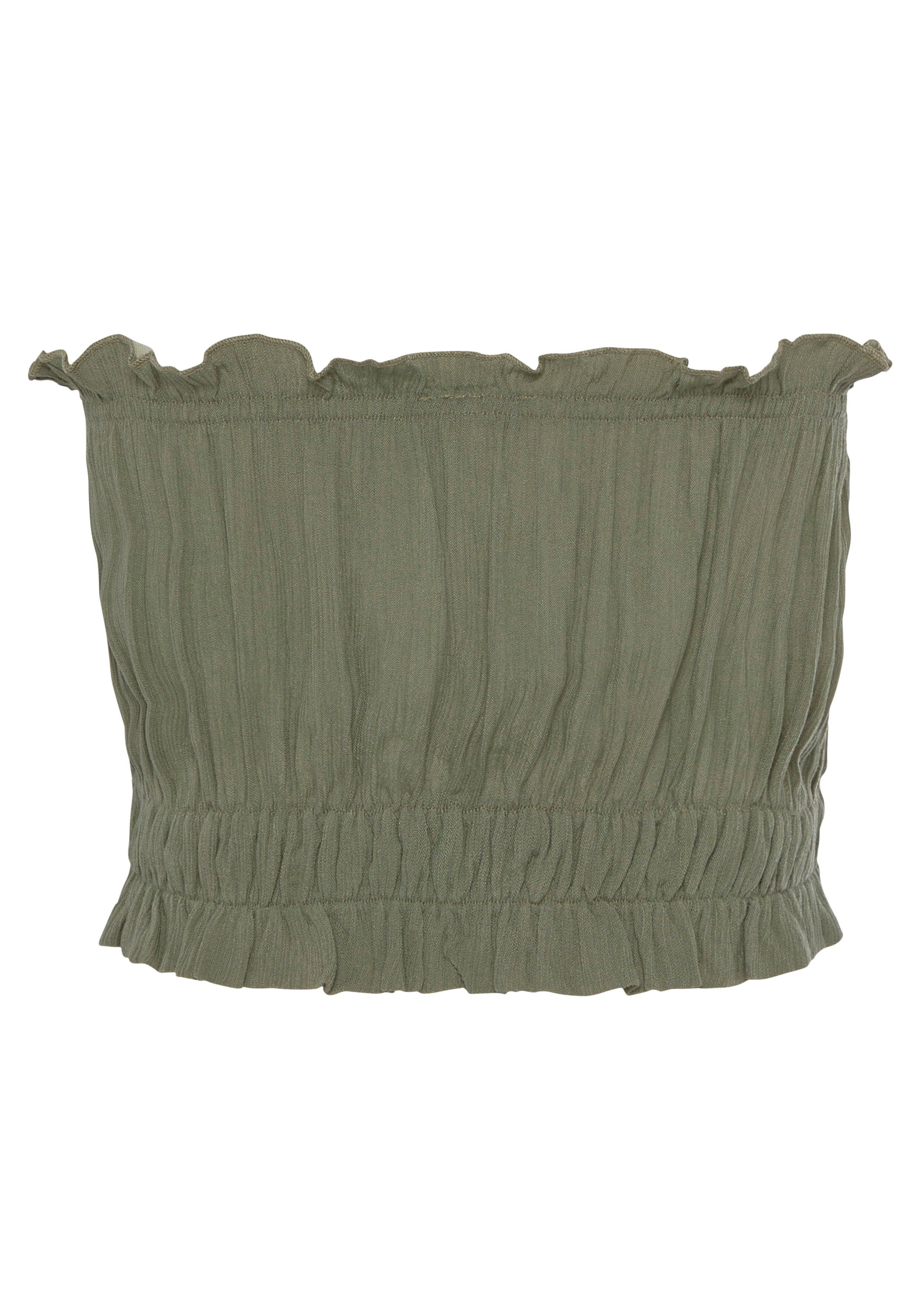 mit Blusentop Damenbluse Crop-Top, Bandeauform Smokbündchen, khaki LASCANA in