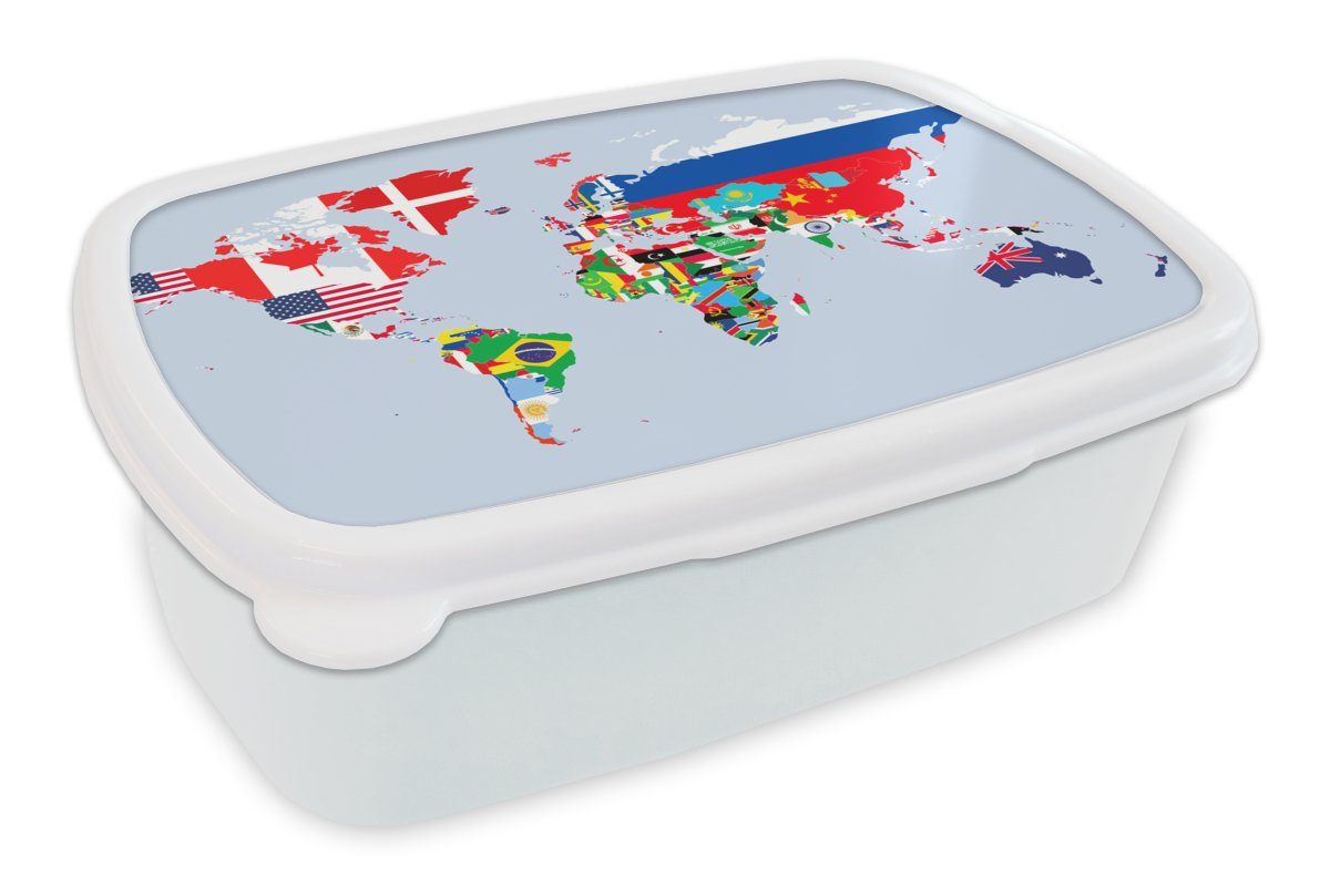 MuchoWow Lunchbox Welt - Karte - Flagge - Länder, Kunststoff, (2-tlg), Brotbox für Kinder und Erwachsene, Brotdose, für Jungs und Mädchen weiß