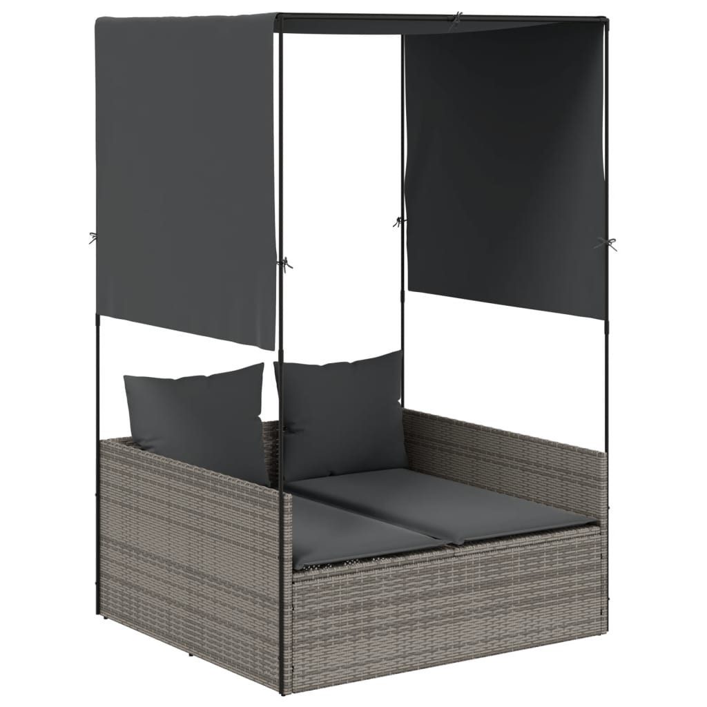 vidaXL Gartenliege Doppel-Sonnenliege mit Dach und Vorhängen Grau Poly Rattan, 1 St.