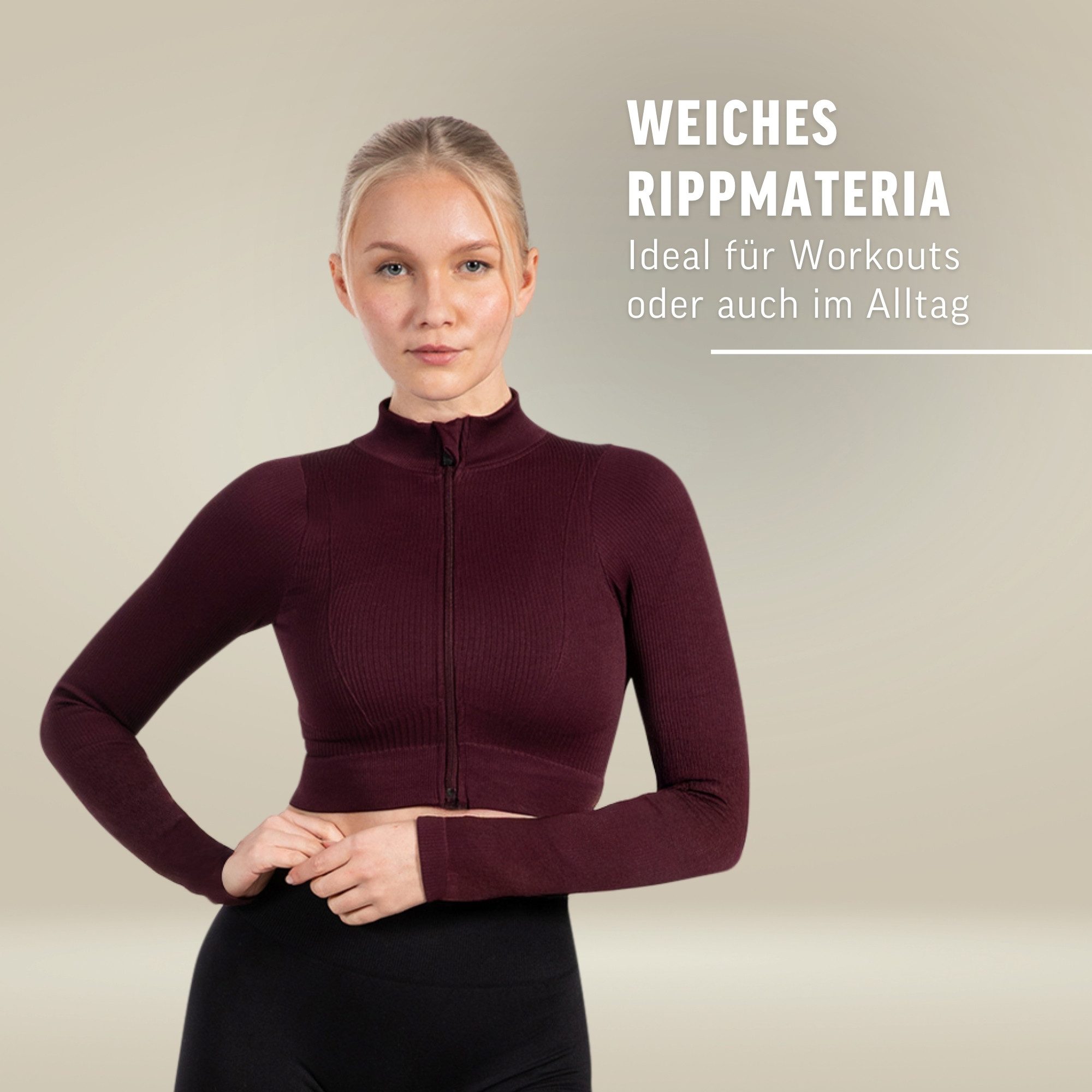Smilodox Trainingsjacke Zeya, Size Up empfohlen, Crop Sportjacke Slim Fit, hoher Kragen Figurbetonte Laufjacke, Zip-Jacke Rippstruktur & Stretch, Workout Yoga
