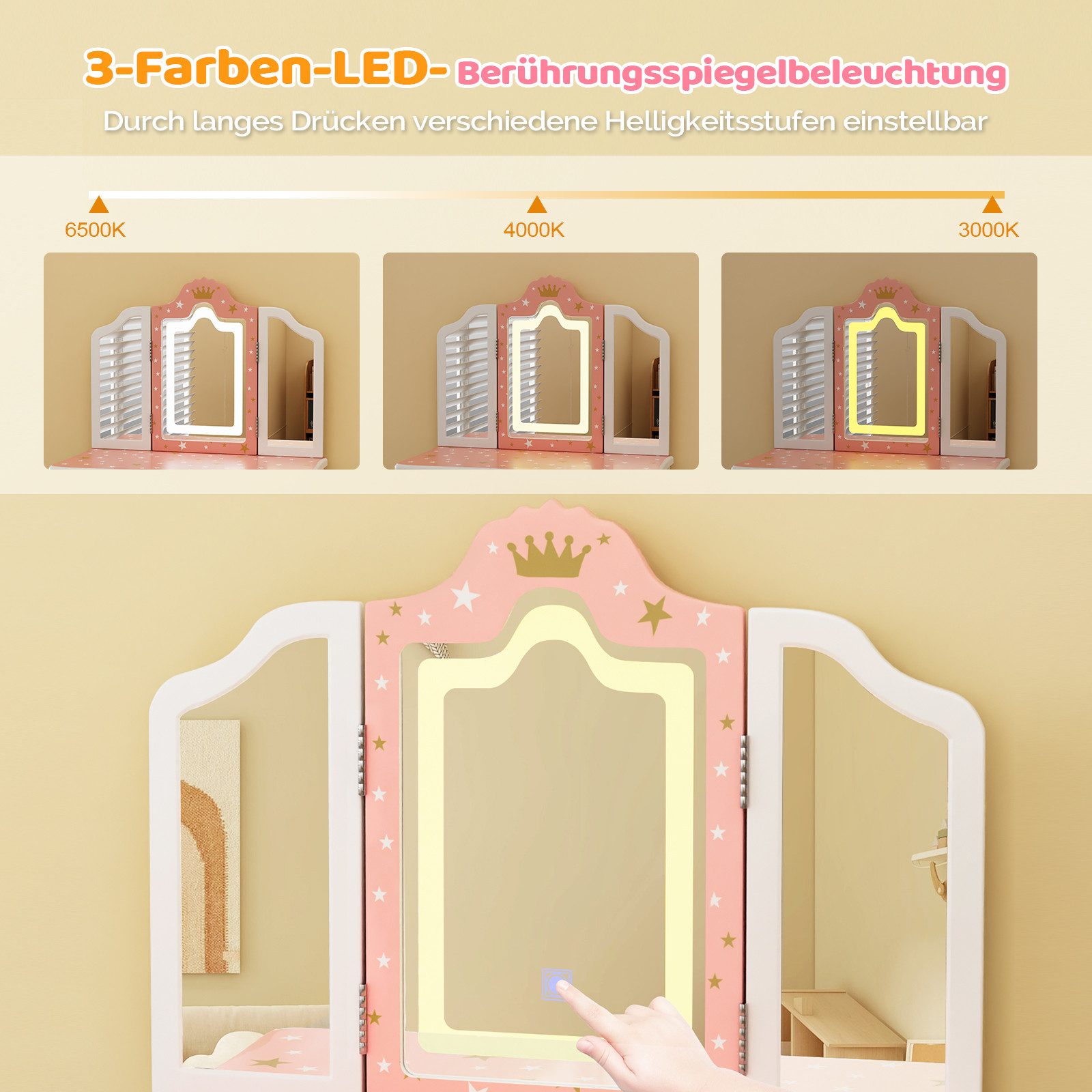 VINGLI Schminktisch mit Hocker und Abnehmbarer Spiegel, für Mädchen ab 3 Ja günstig online kaufen