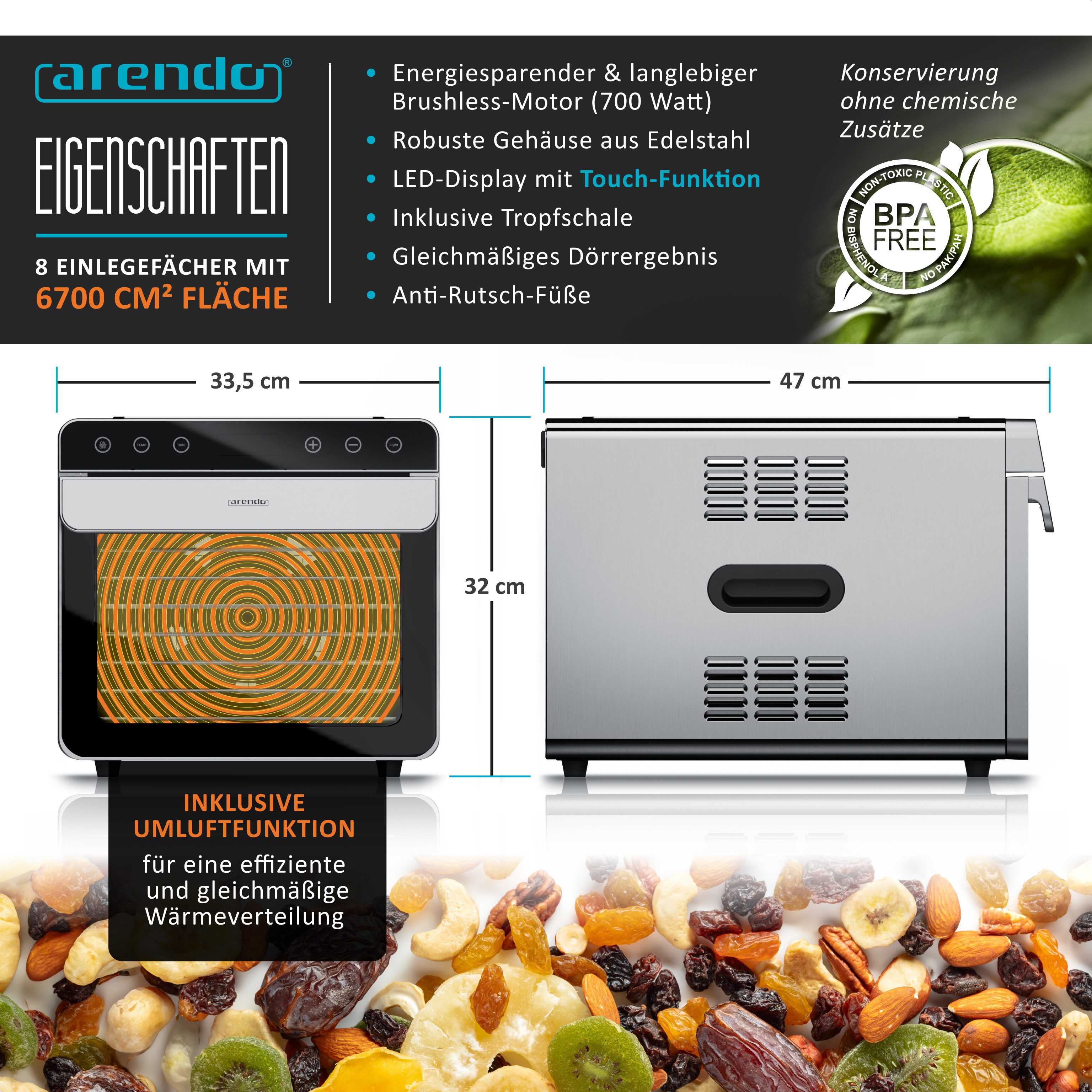 Arendo Dörrautomat Edelstahl, Temperaturregler von 35° bis 85°C, Dörrgerät, Dehydrator, 700 W, 8 Etagen, Obst, Fisch, Fleisch Dörrapparat, Obsttrockner, Timer 0,5-24 Stunden