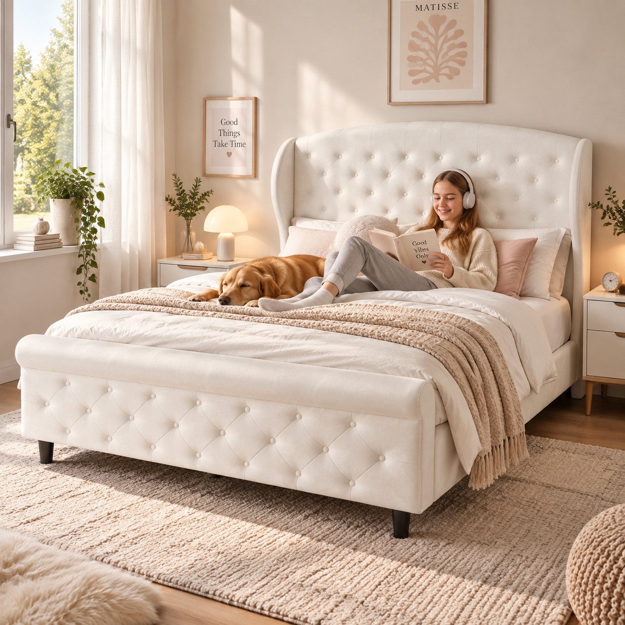 Simurq Polsterbett Bett 140x200 cm mit hohem Kopfteil, Lattenrost, ohne Matratze,Samt (Lieferung in 2 Paketen, Maximale Belastbarkeit bis …
