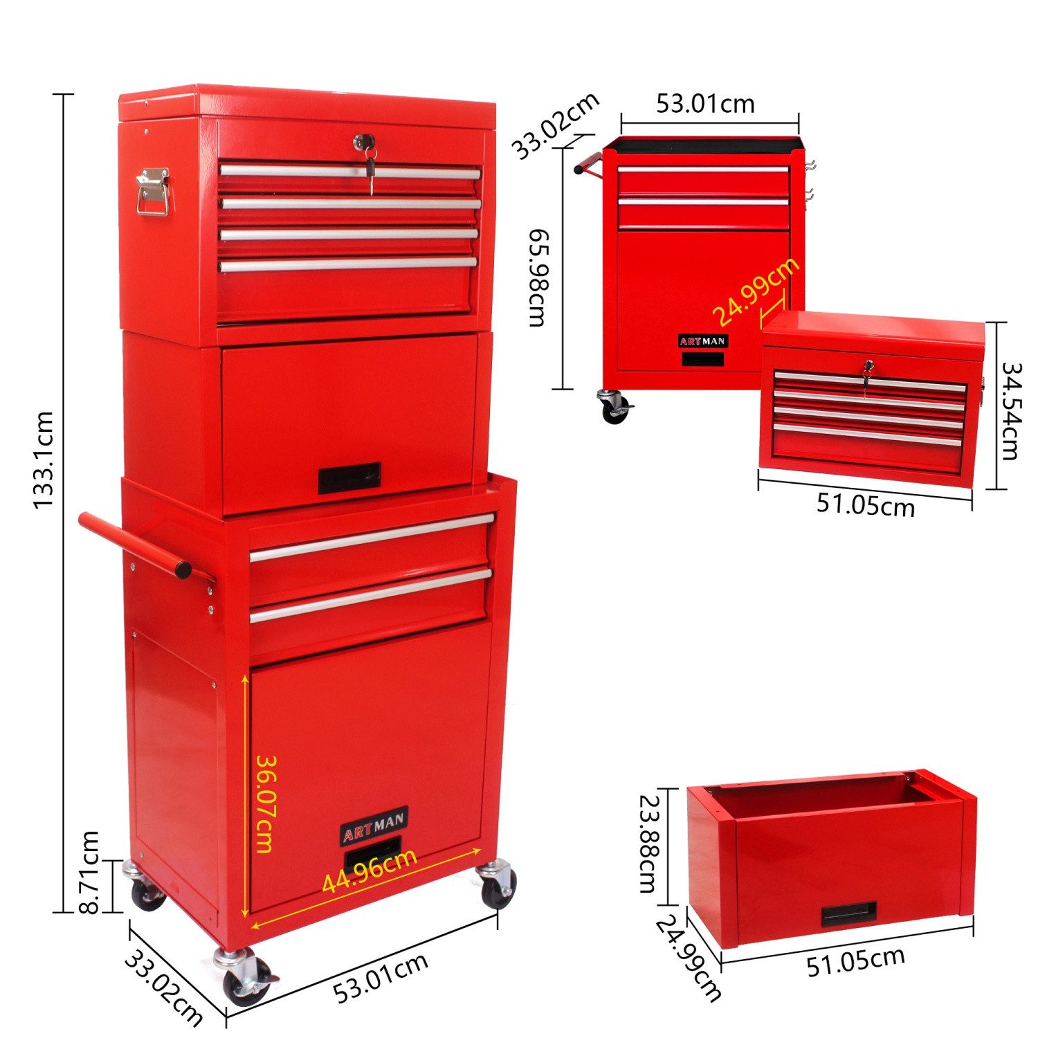 ANYSUN Werkzeugwagen 2 in 1 abnehmbarer Werkzeugkasten,Symbollschrank auf Rädern, Rot, max. Traglast:100 kg, (6-schalbeschaltbare Roll-Werkzeugkiste mit 4 Universalrädern), Werkzeugwagen leer,für Garage Workshop Reparaturwerkstatt