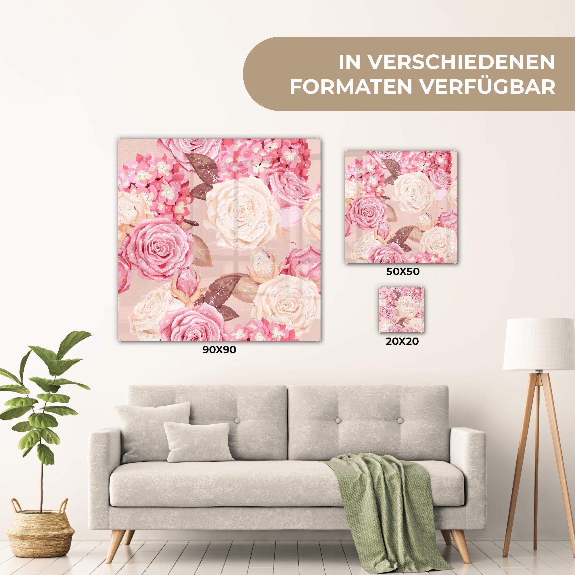 MuchoWow Bilder Glas (1 - auf St), Wandbild - Glas Weiß, Rosa Glitzer - - Foto auf Glasbilder - Acrylglasbild Rosen - Wanddekoration