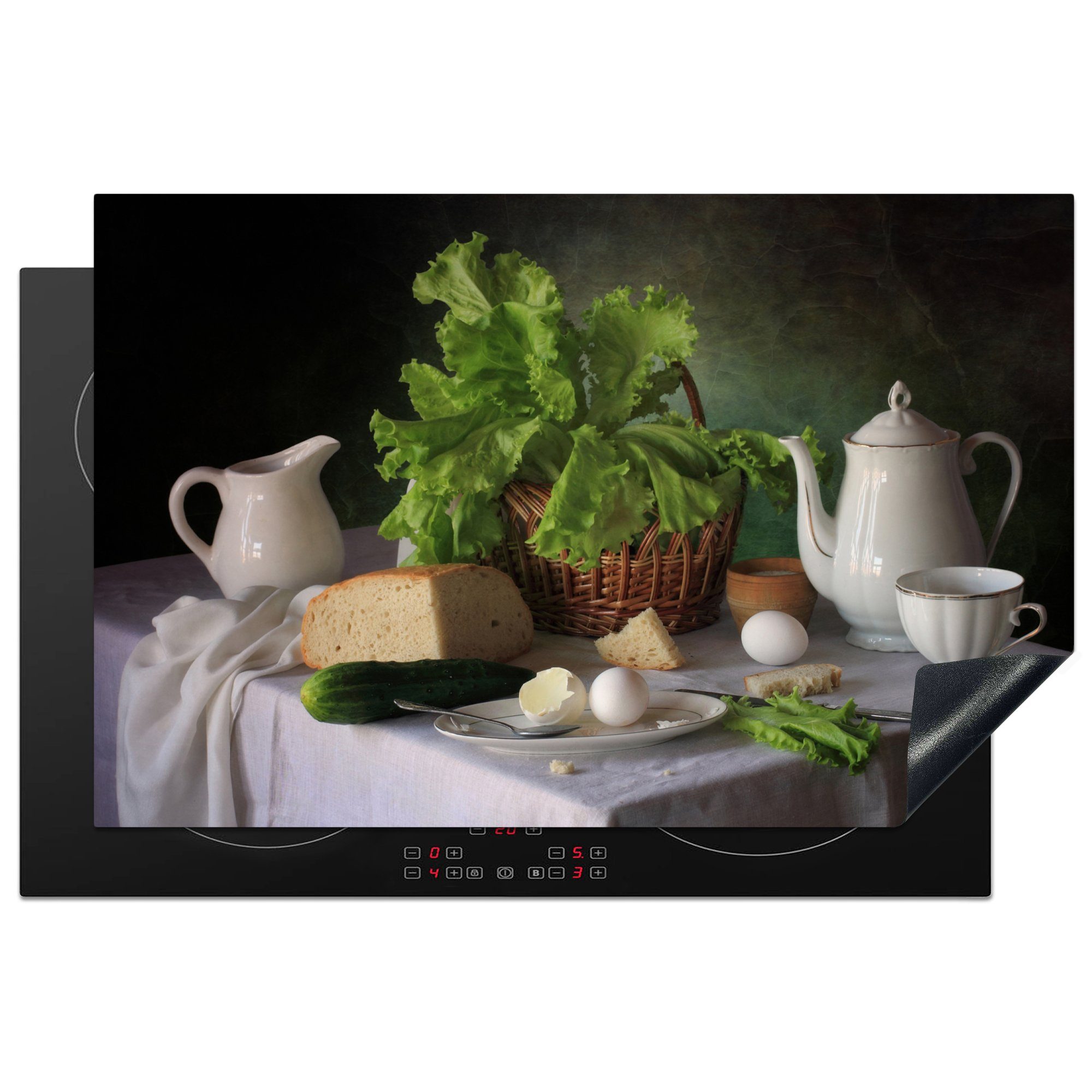 Salat Teekanne für Krug Schutz Ceranfeldabdeckung - - - (1 die Eier, Induktionskochfeld Käse Herdblende-/Abdeckplatte 81x52 Stilleben - cm, Vinyl, MuchoWow - Lebensmittel tlg), - küche,