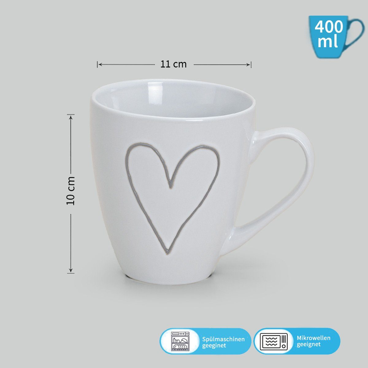 matches21 HOME & HOBBY Tasse Grosse Kaffeetassen Landhaus-Stil Herzen Kaffeebecher, 3-tlg., Keramik, Tee Kaffee-Becher, Vintage, weiss grau beige, 400 ml