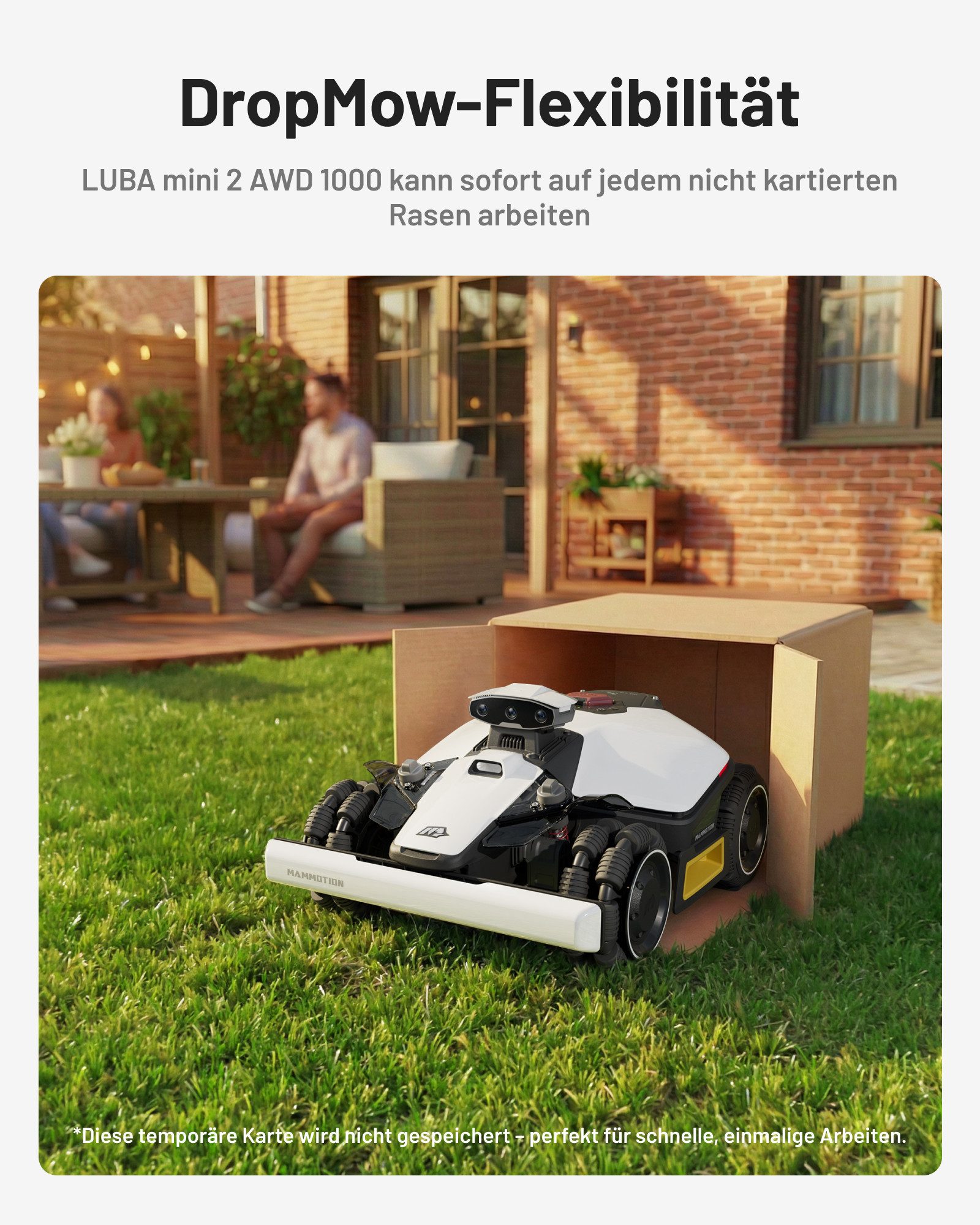 Mammotion Rasenmähroboter LUBA Mini 2 AWD 1000 Mähroboter ohne Begrenzungskabel, bis 1000 m² Rasenfläche, (mit Garage, Waschständer, Triple-Kamera KI-Vision + N – Bild 4 von 5