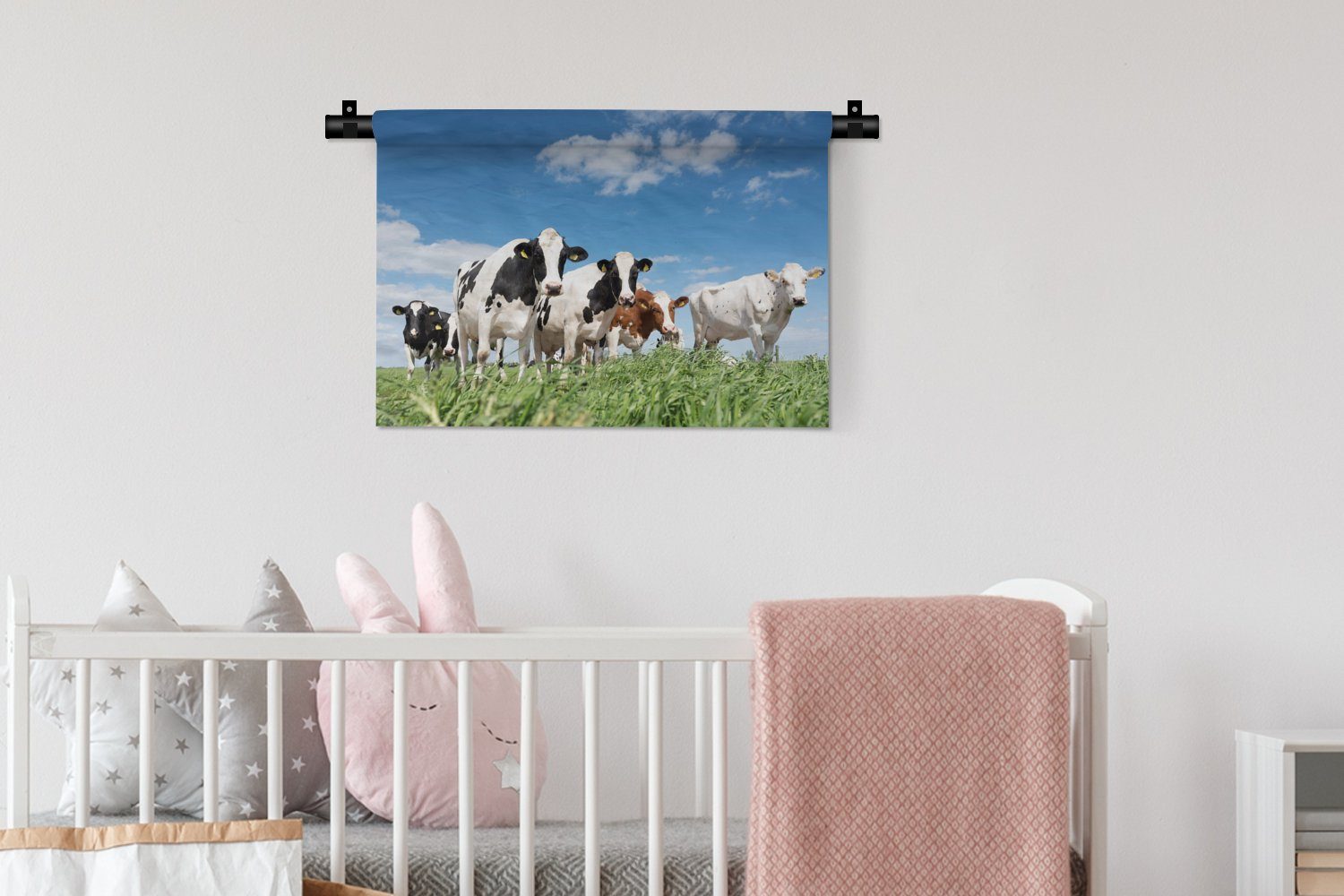 - Wanddekoobjekt Wohnzimmer, für MuchoWow Wandbehang, Schlafzimmer, Tiere, - Weide - Natur - Wanddeko Kühe Kleid, Kinderzimmer Landleben