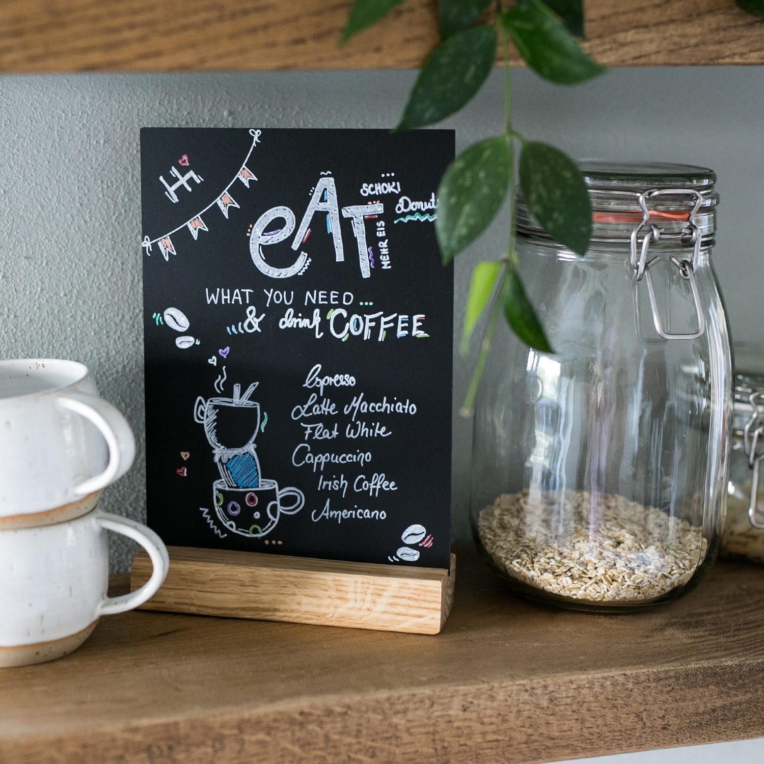 HMF Standtafel Tischaufsteller Kreidetafel DIN A5 Kunststoff gerade Aufstellung mit, (1-tlg), Holzfuß Eichenholz Optik für Gastronomie Hochzeit Buffet Tischkarte