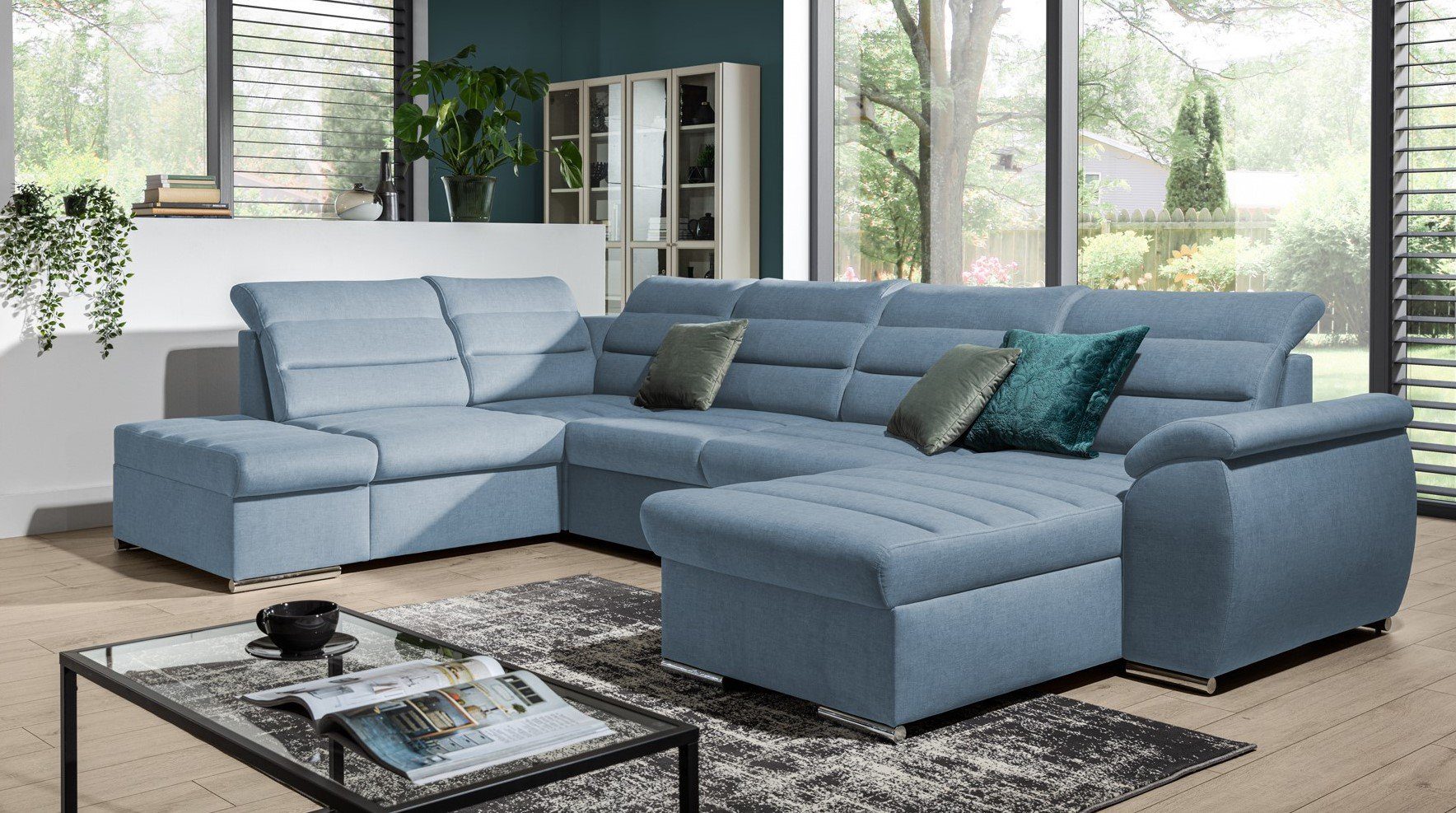 Stylefy Wohnlandschaft Karos, U-Form, Bettkasten, mit Raum und mane Sofa, Bettfunktion mit links Steppung Blau frei Sitzkomfort, im rechts oder wahlweise stellbar, bestellbar