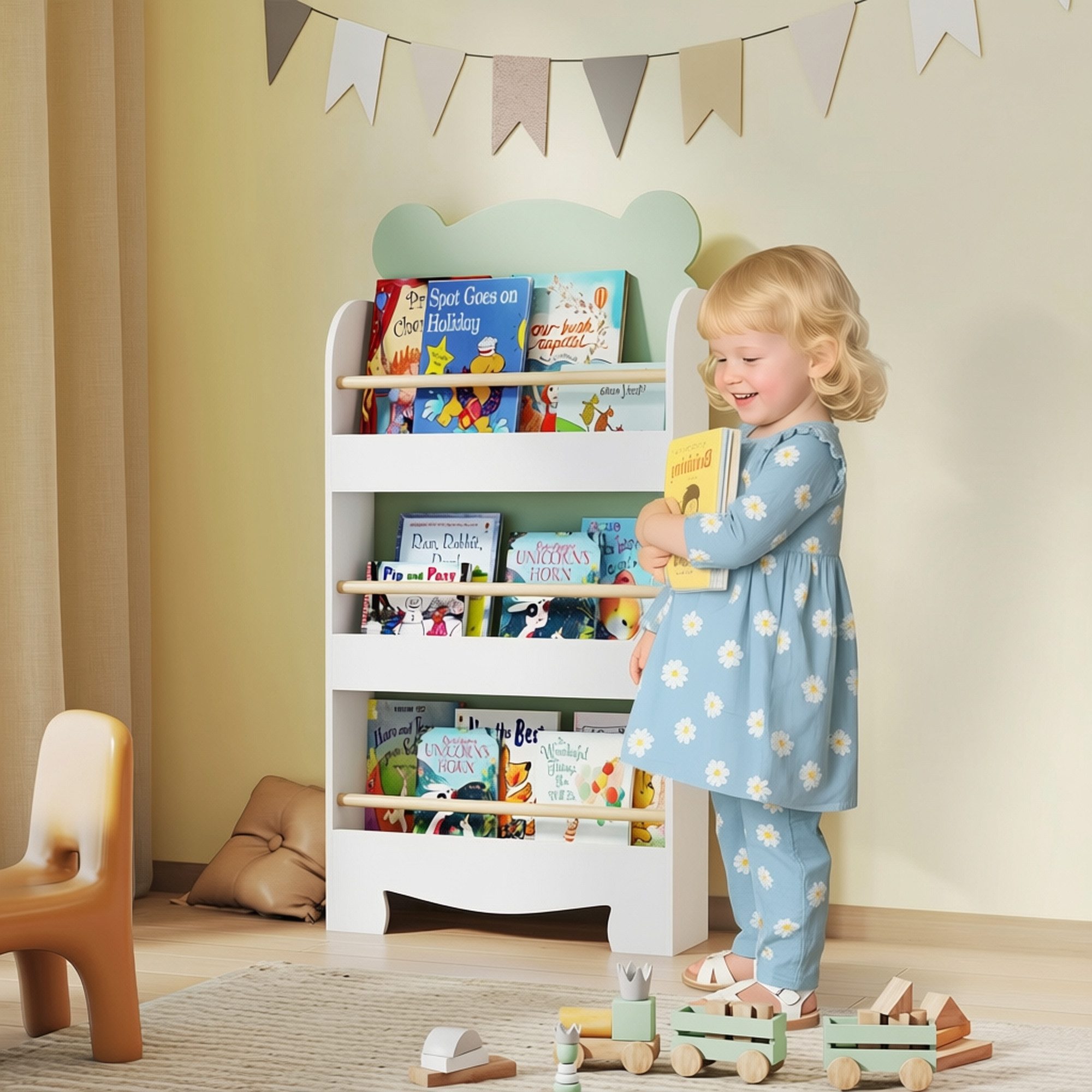 AIYAPLAY Kinderregal Bücherregal Kinder, Kinderregal mit 3 Regal, Bücherregal Kinder 1-tlg., für Bücher Spielzeug Kinderzimmer, 55 x 15 x 110 cm, Grün