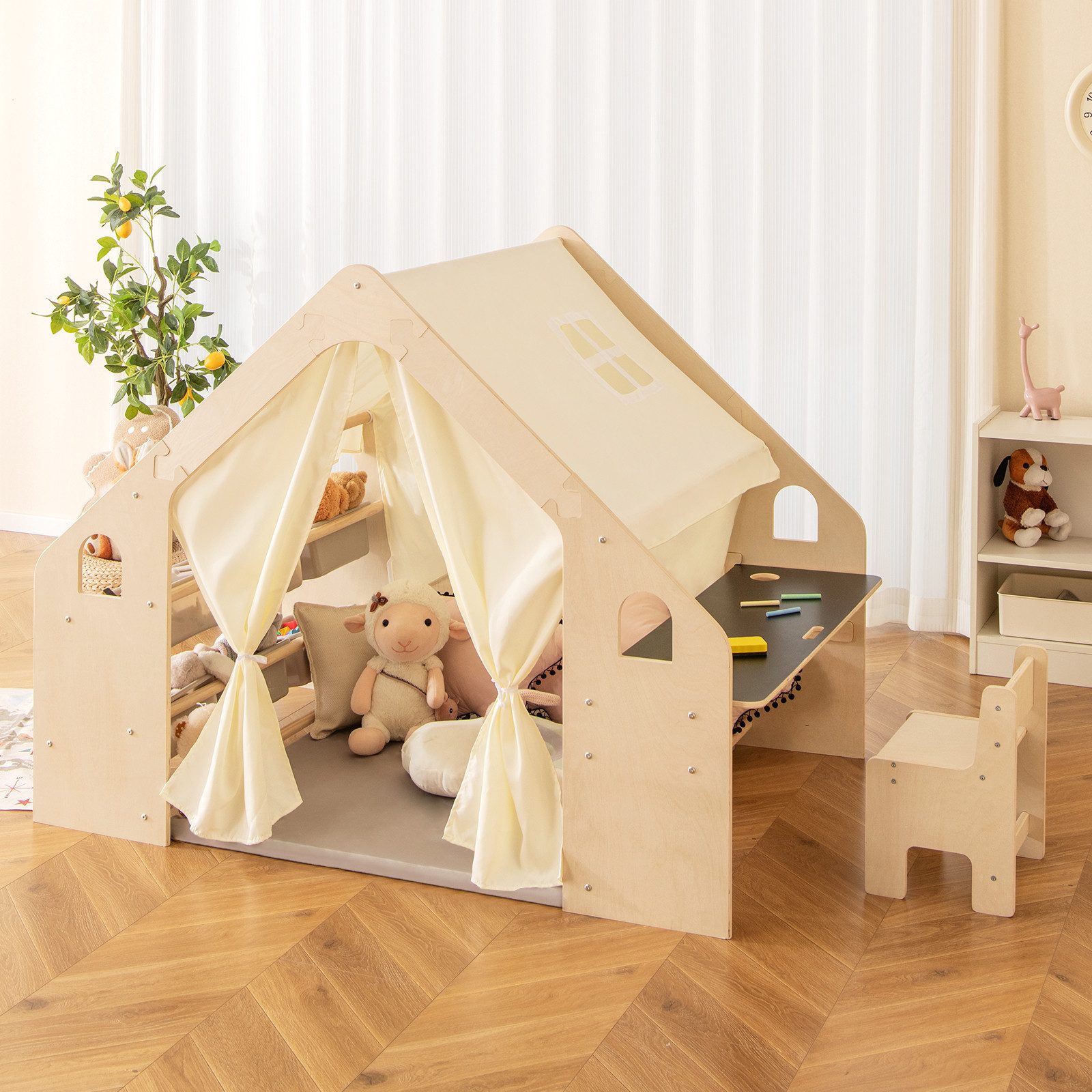 COSTWAY Spielzelt (6-tlg) 6 in 1 Kindersitzgruppe Spielhaus mit 6 Aufbewahrungsbox, Holz