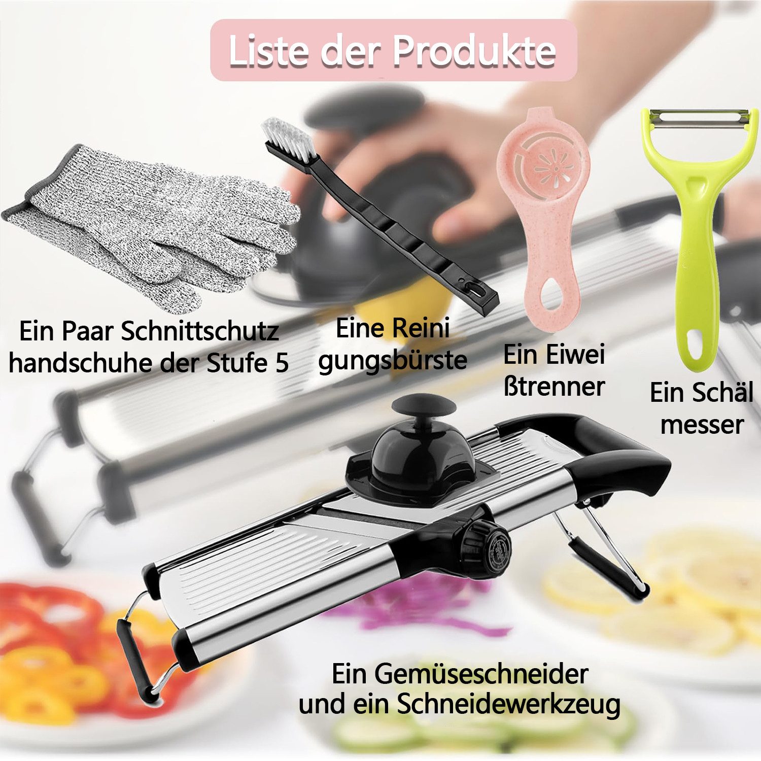 MOPUEA Gemüseschneider Mandoline Gemüsehobel Nicer Dicer mit Handschuhen multifunktional 11ST, Sicher, verstellbar 1-9mm, Edelstahl, rutschfest, leicht zu reini – Bild 4 von 5